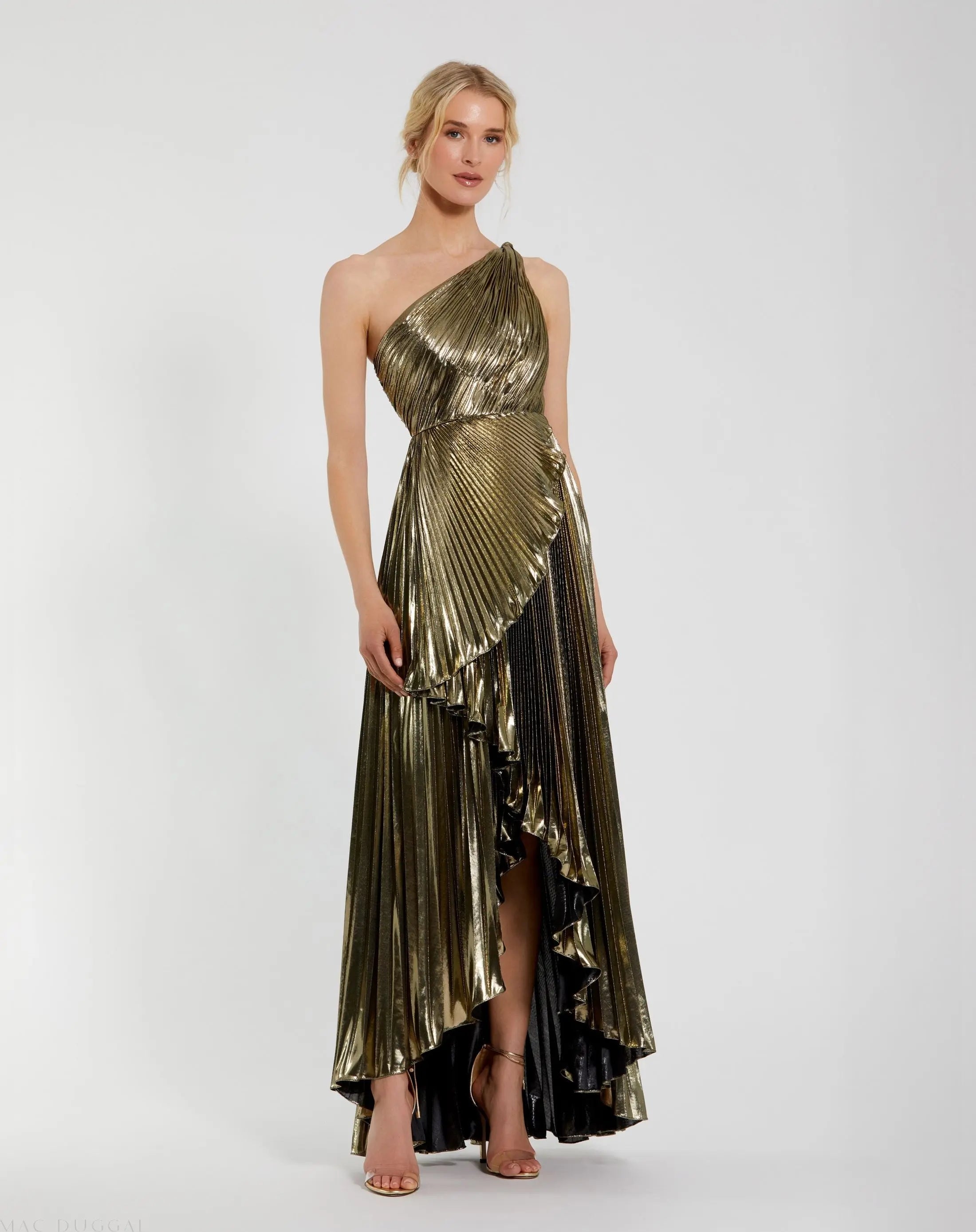 Gold Strapless Pleated Metallic Layered Ruffle Gown | Mac Duggal Gold Strapless Pleated Metallic Layered Ruffle Gown | Mac Duggal