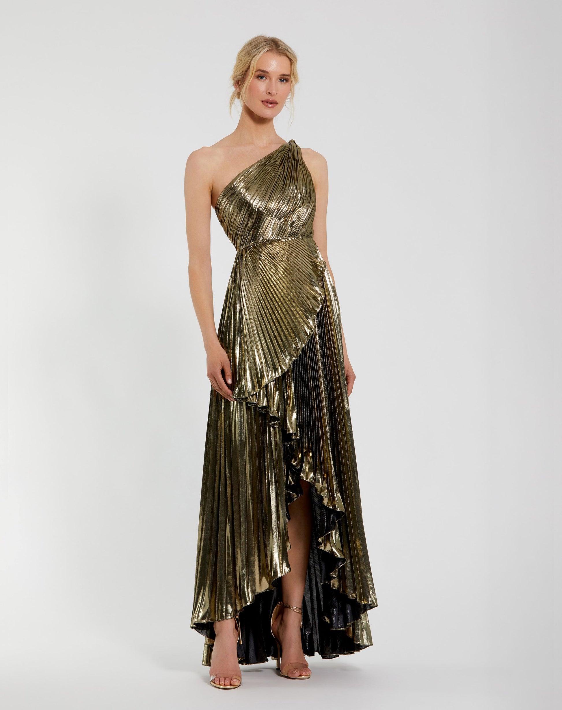 Pleated Metallic One Shoulder High Low Gown