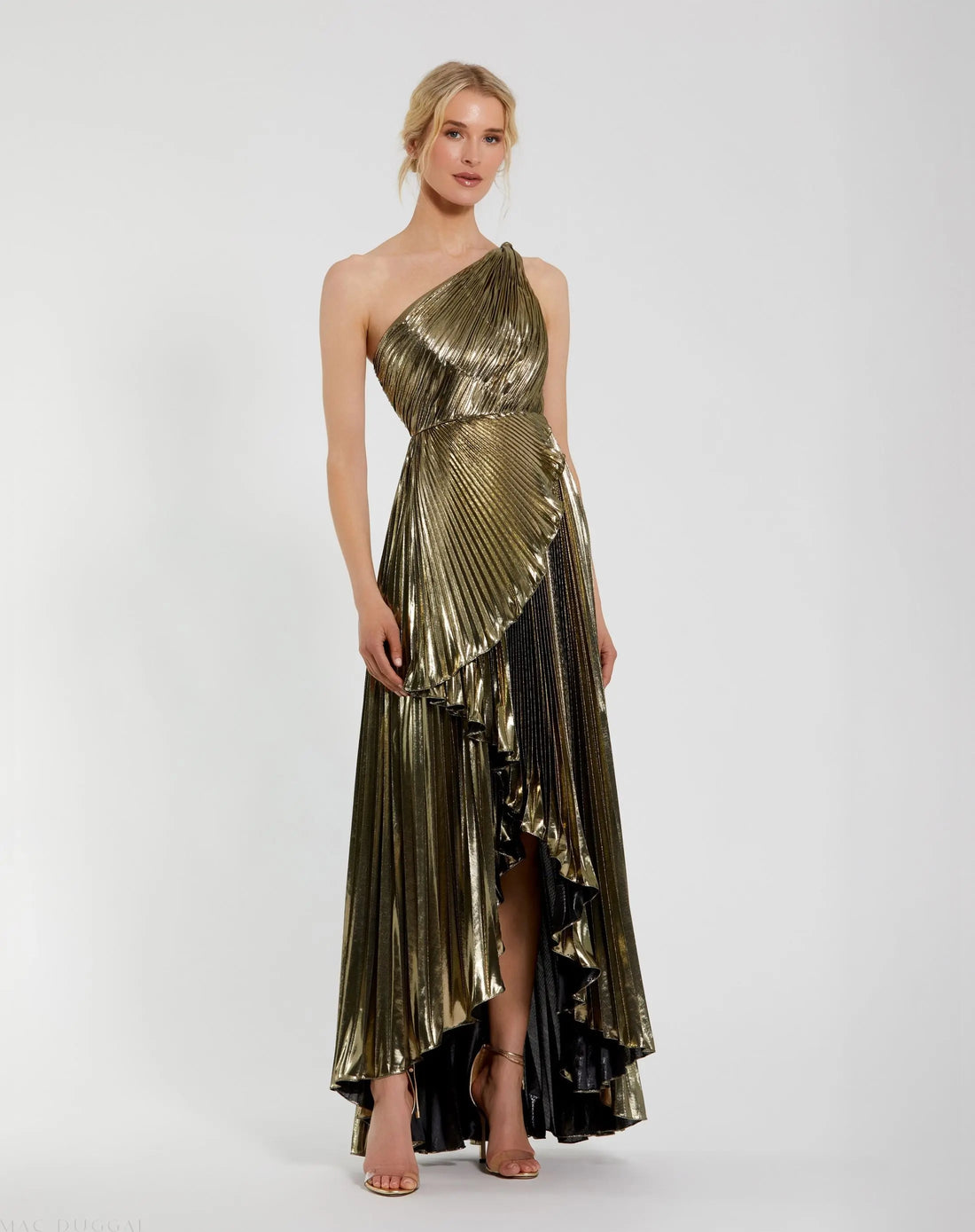 Gold Metallic Pleated One Shoulder Gown | Mac Duggal Gold Metallic Pleated One Shoulder Gown | Mac Duggal