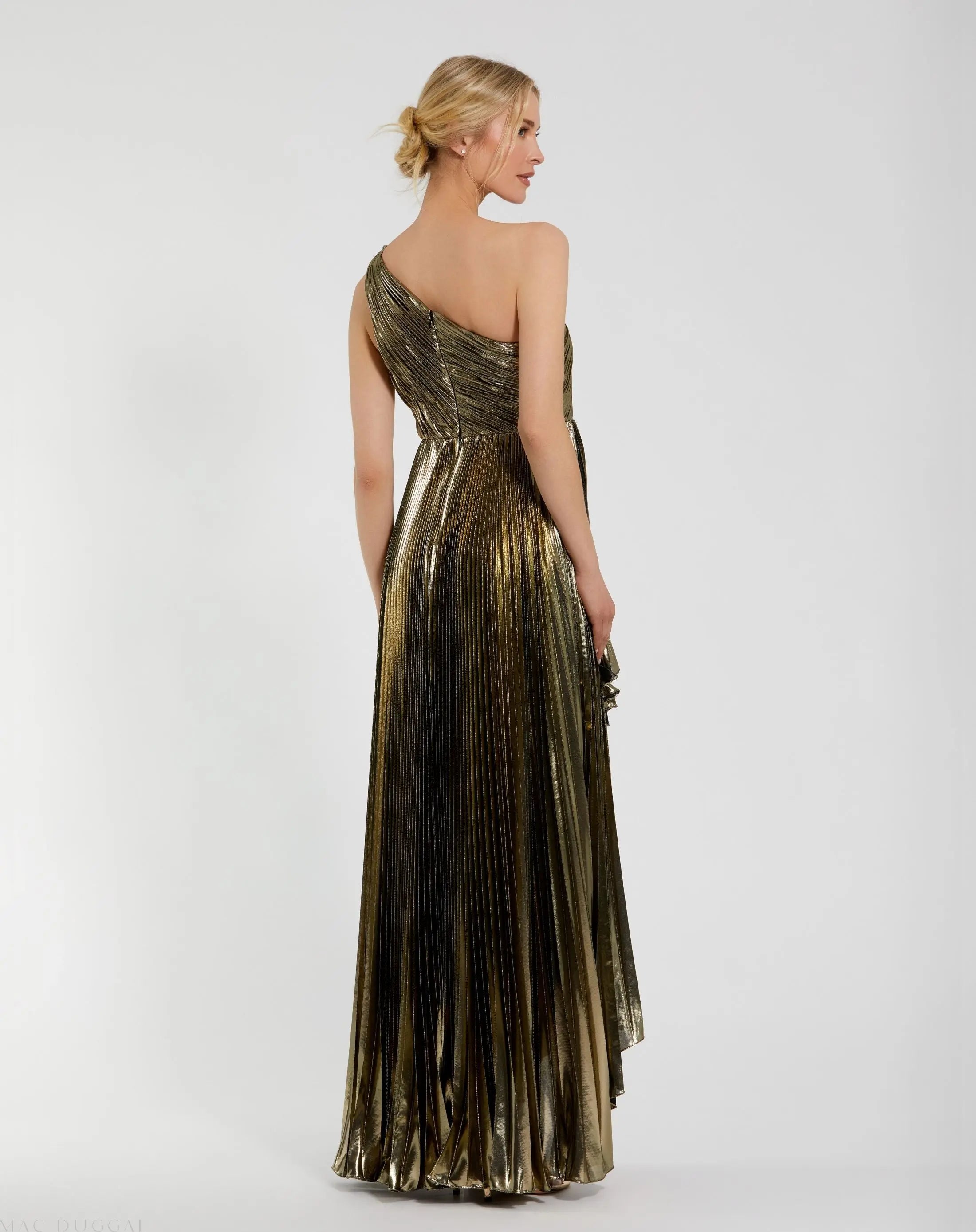 Gold Pleated Metallic One Shoulder High Low Gown - Mac Duggal