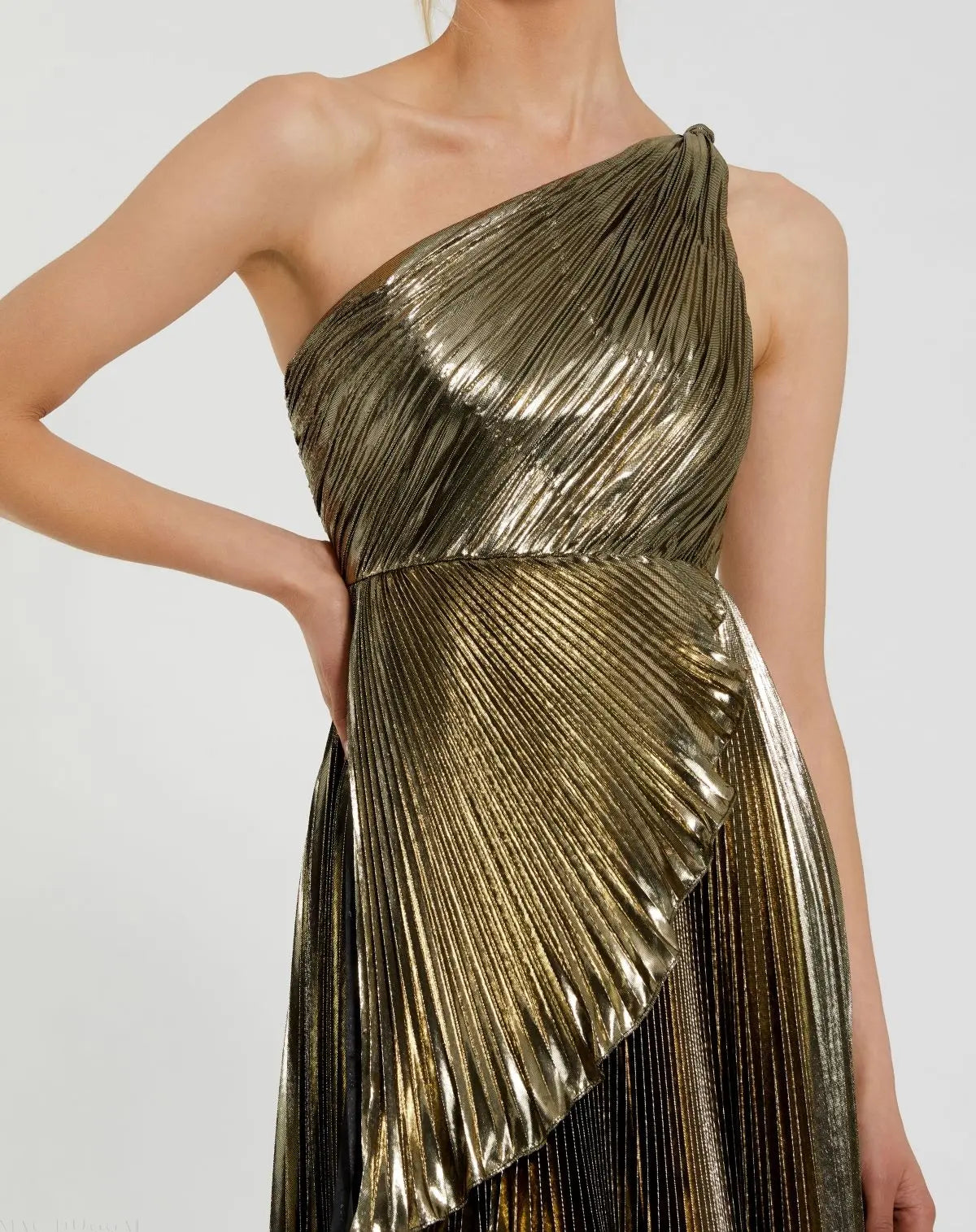 Gold Pleated Metallic One Shoulder High Low Gown - Mac Duggal