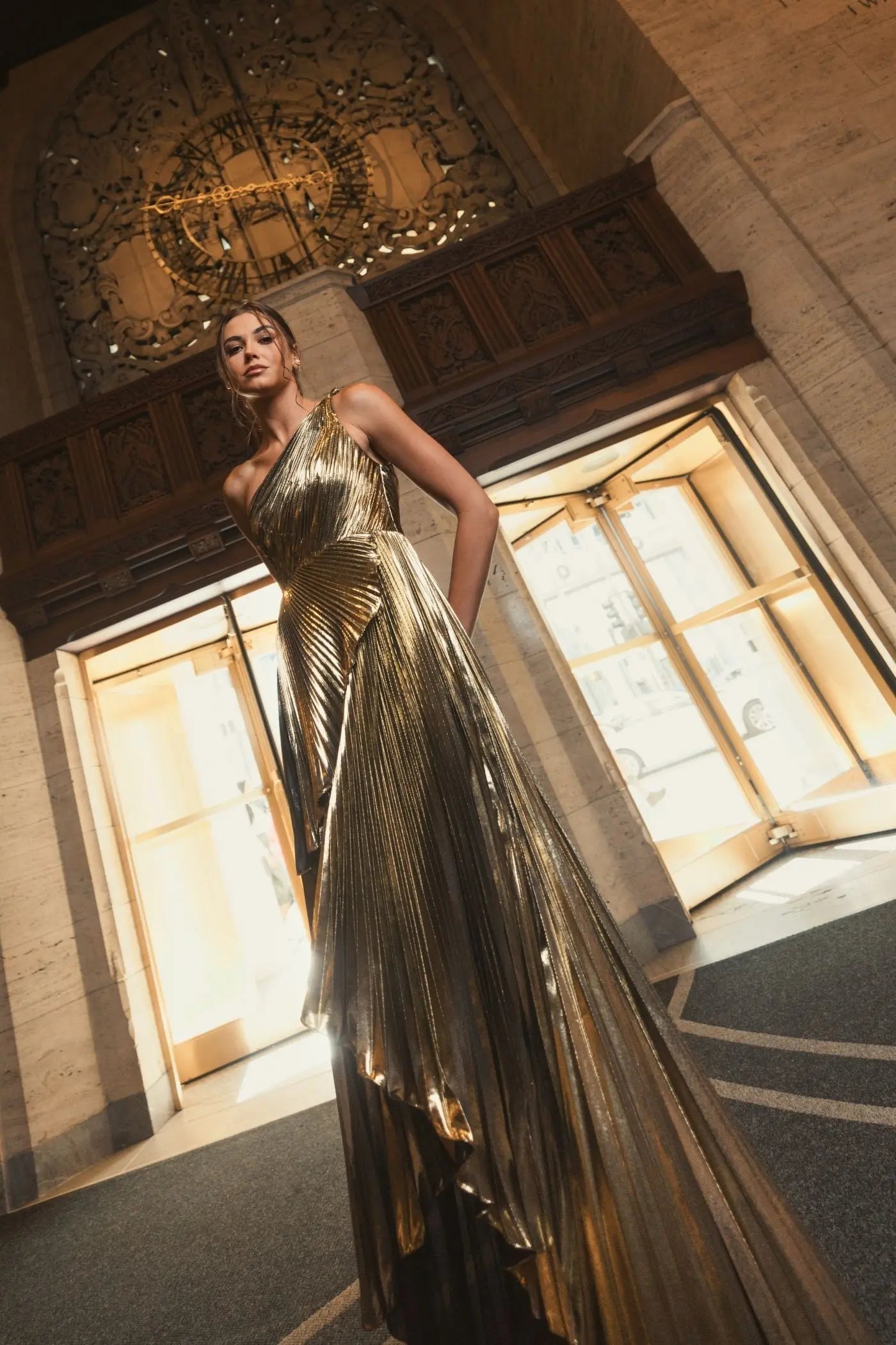 Gold Pleated Metallic One Shoulder High Low Gown - Mac Duggal