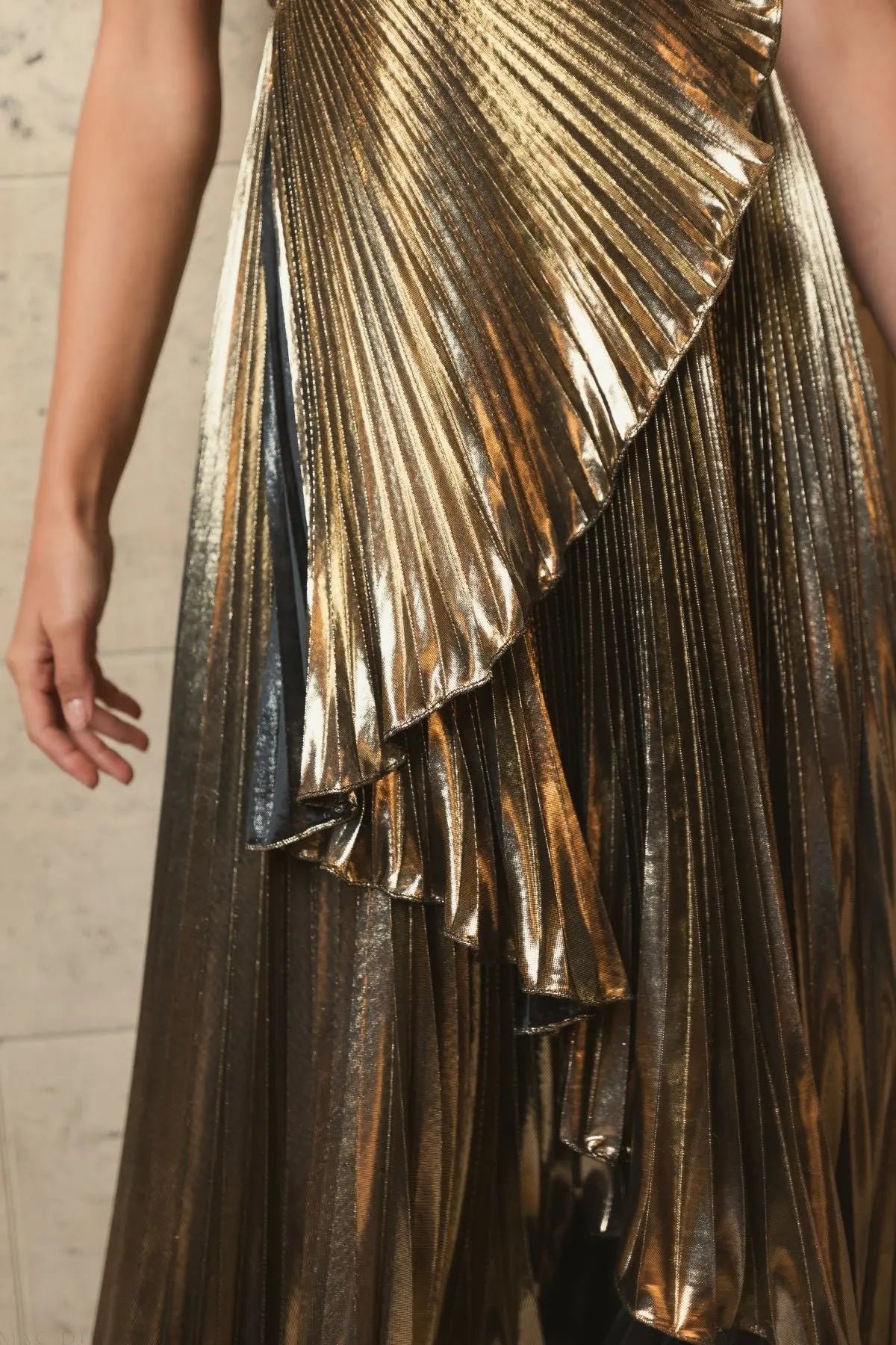 Gold Pleated Metallic One Shoulder High Low Gown - Mac Duggal
