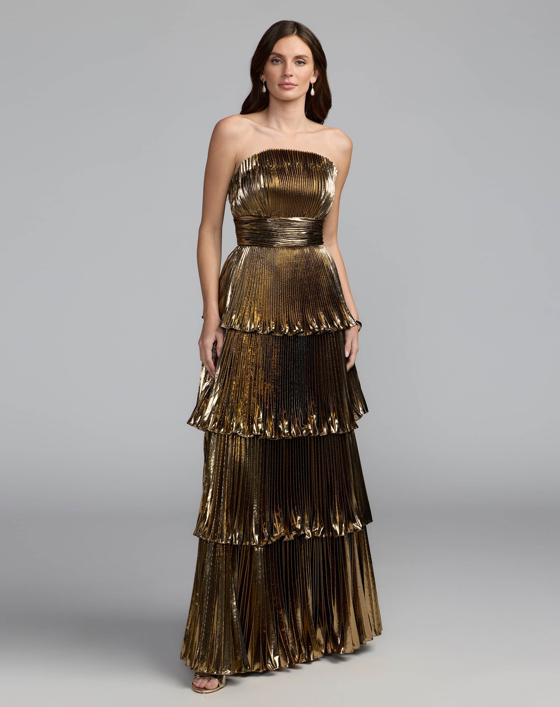 Deep Gold Strapless Pleated Metallic Layered Ruffle Gown Ieena for Mac Duggal