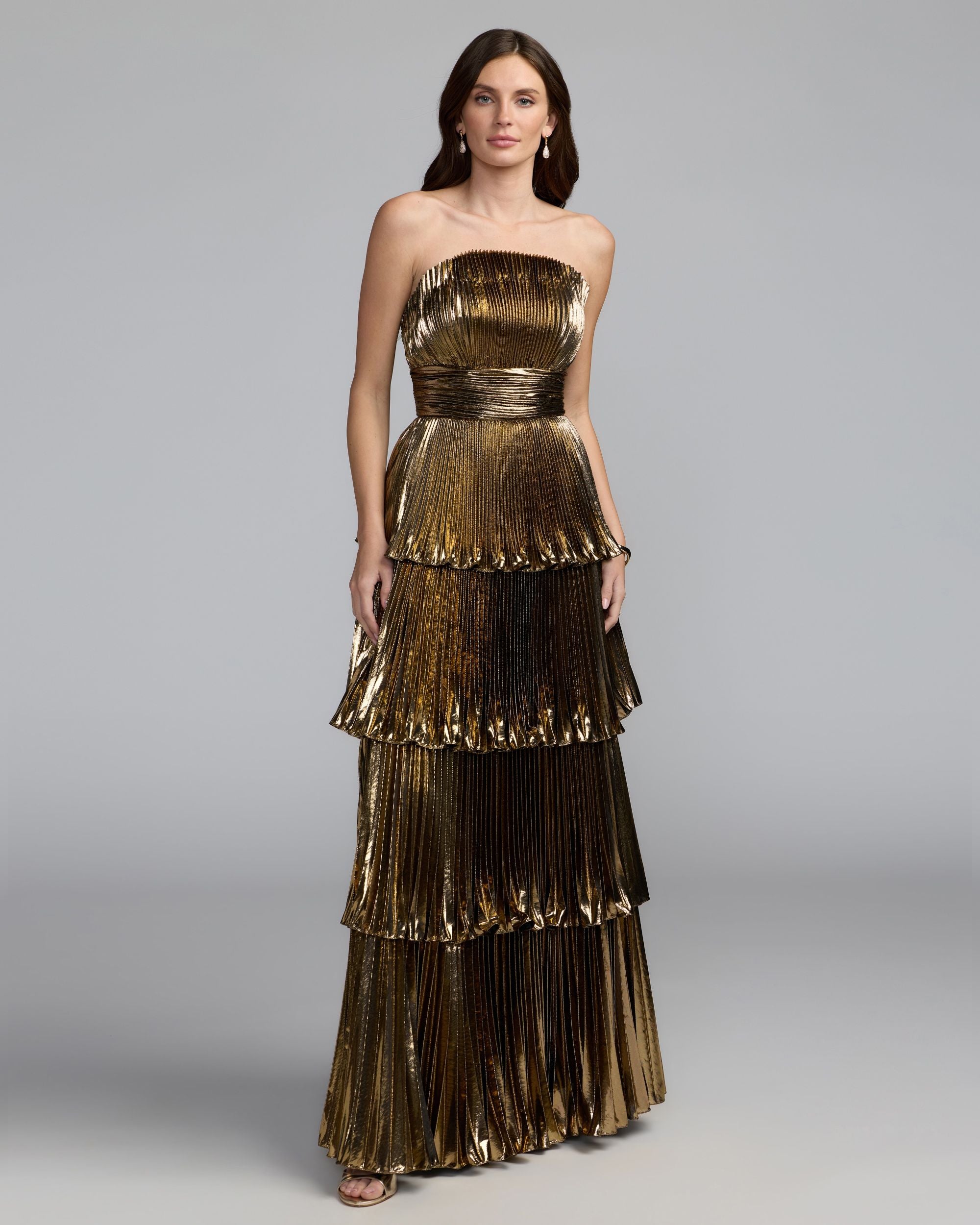 Deep Gold Strapless Pleated Metallic Layered Ruffle Gown Ieena for Mac Duggal