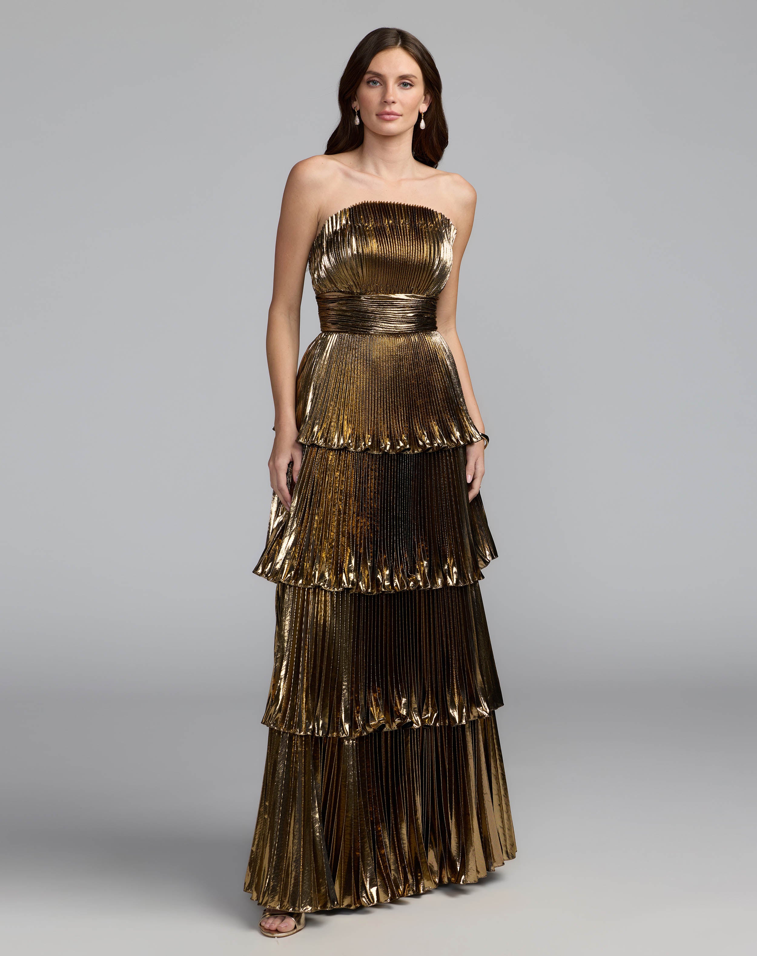 Deep Gold Strapless Pleated Metallic Layered Ruffle Gown Ieena for Mac Duggal