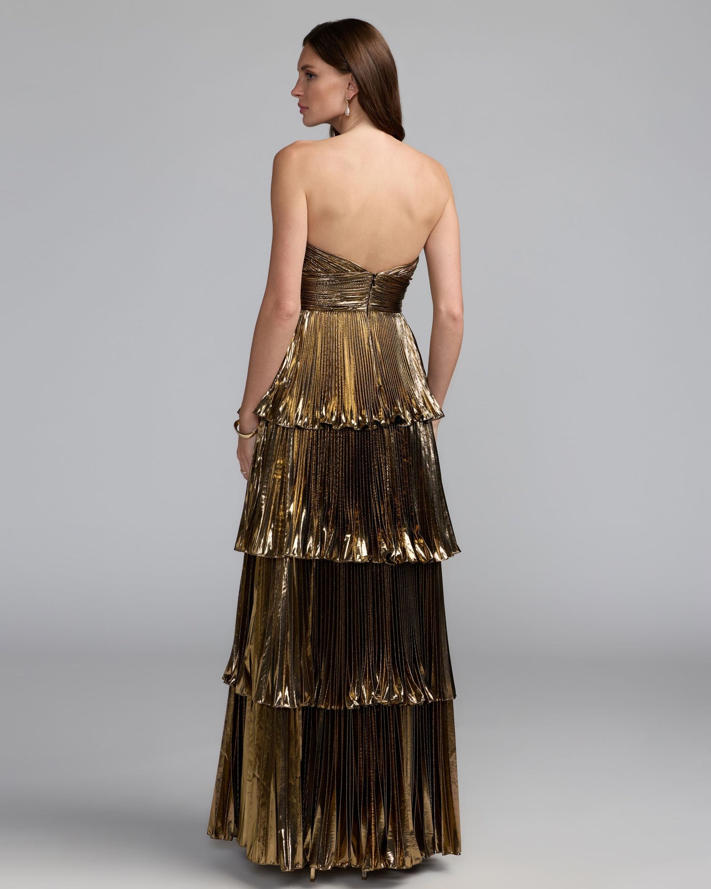 Deep Gold Strapless Pleated Metallic Layered Ruffle Gown Ieena for Mac Duggal