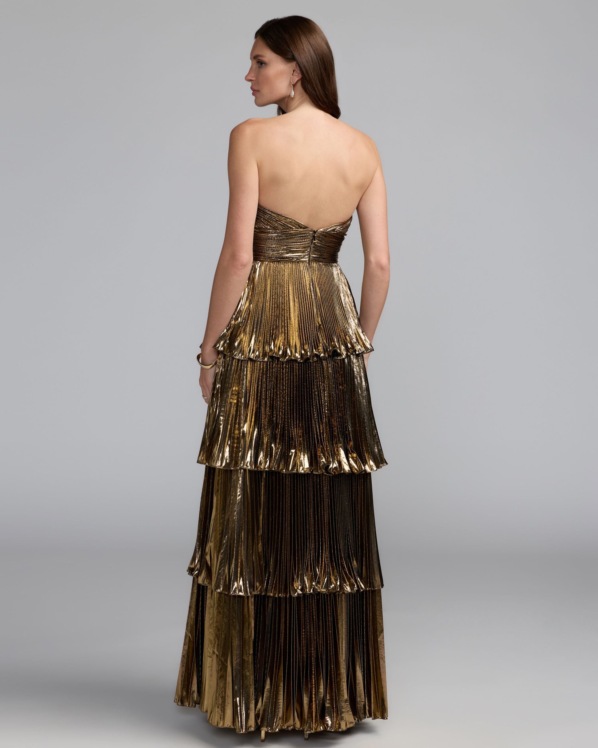 Deep Gold Strapless Pleated Metallic Layered Ruffle Gown Ieena for Mac Duggal