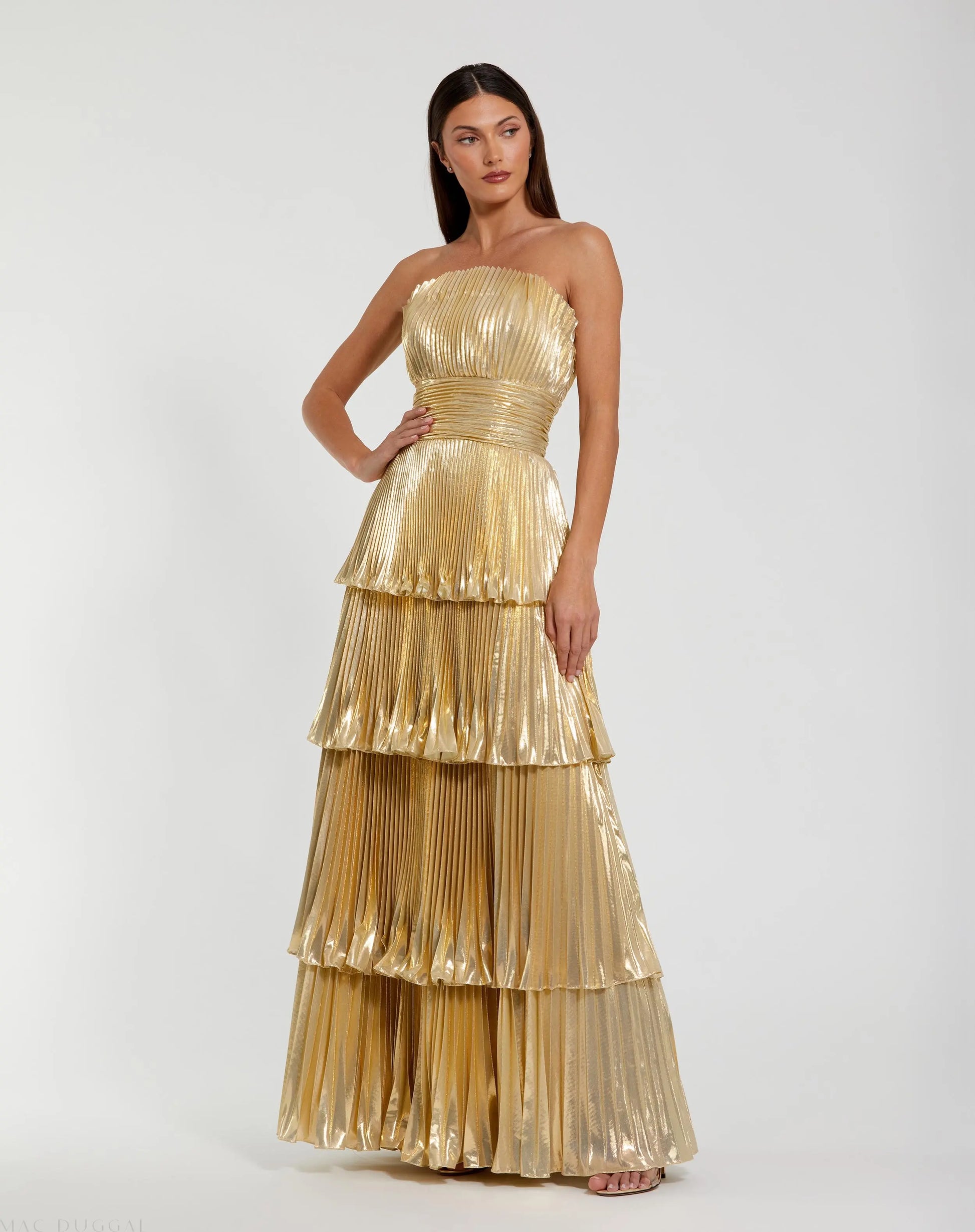 Gold Strapless Pleated Metallic Layered Ruffle Gown | Mac Duggal Gold Strapless Pleated Metallic Layered Ruffle Gown | Mac Duggal