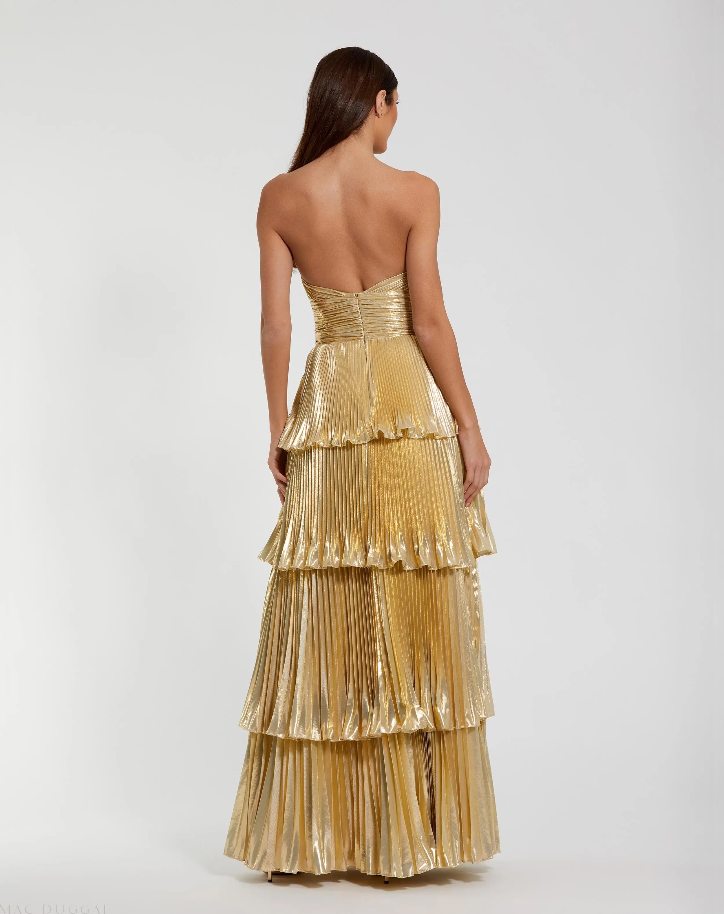 Gold Strapless Pleated Metallic Layered Ruffle Gown - Ieena for Mac Duggal