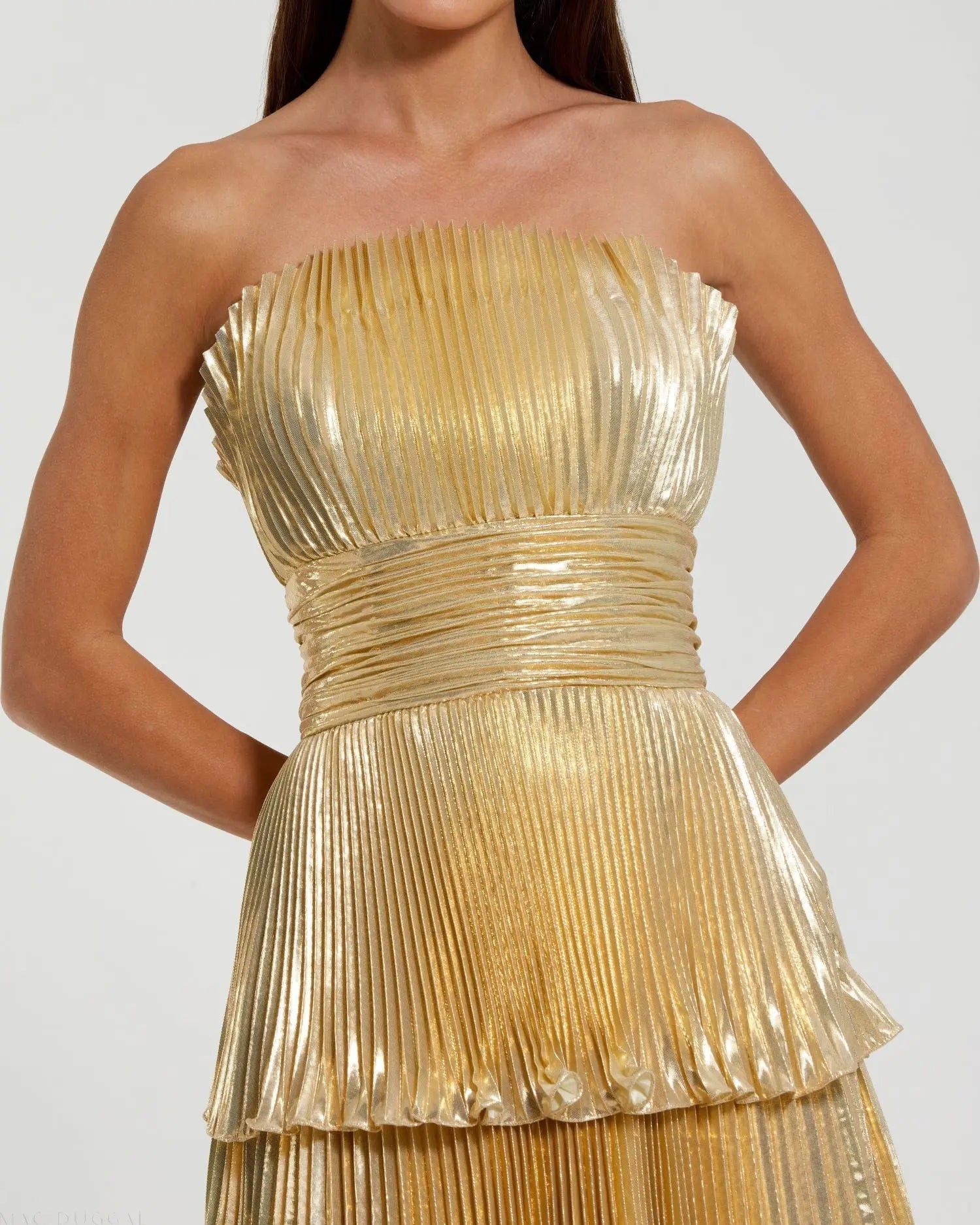 Gold Strapless Pleated Metallic Layered Ruffle Gown | Mac Duggal Gold Strapless Pleated Metallic Layered Ruffle Gown | Mac Duggal
