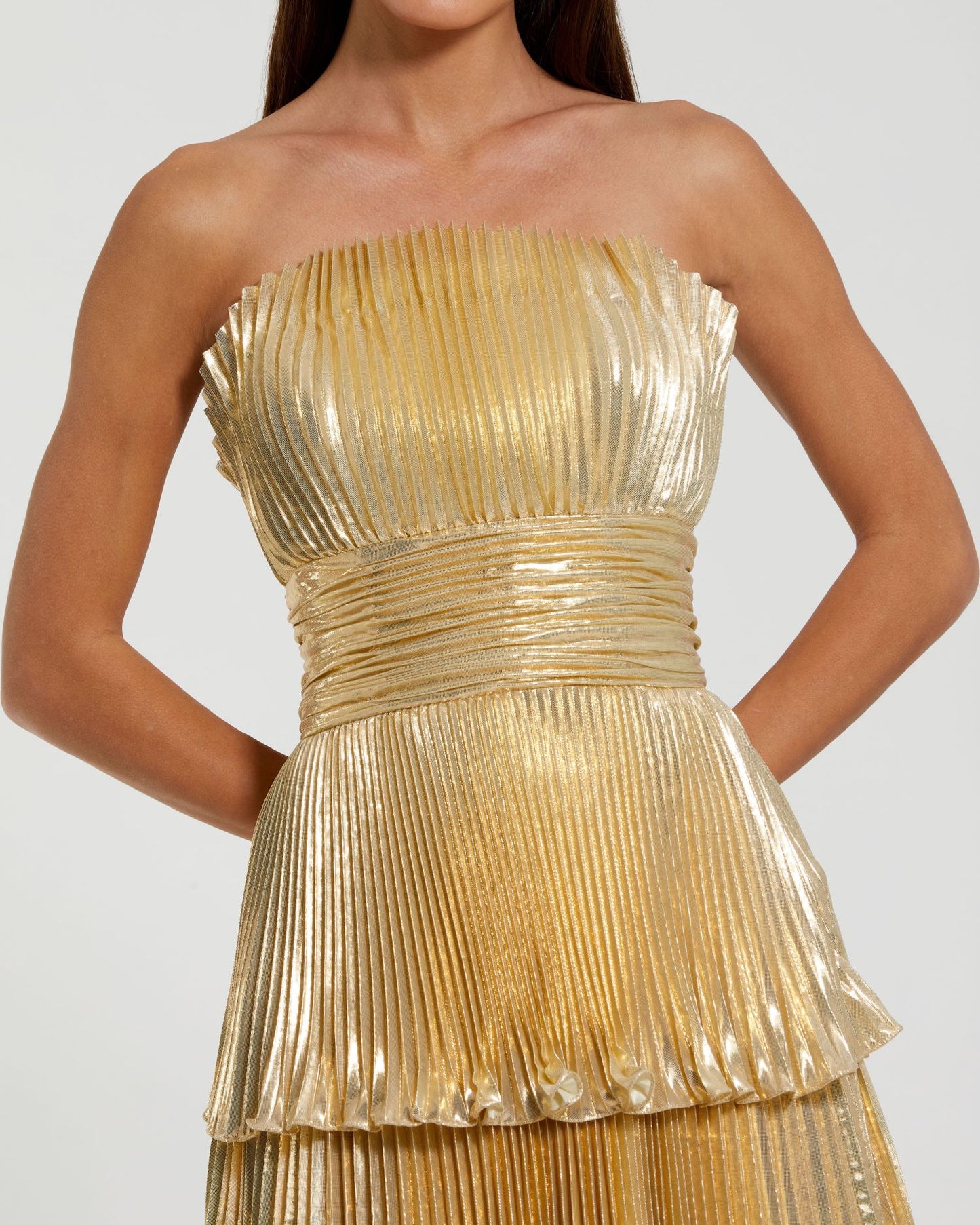 Gold Strapless Pleated Metallic Layered High Low Gown