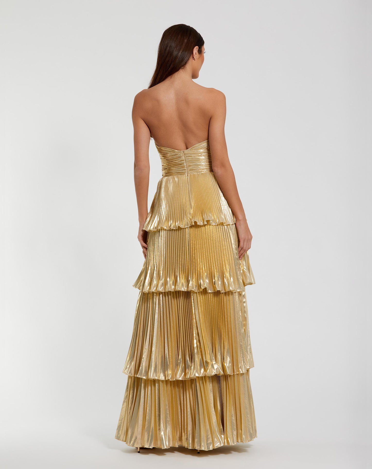 Gold Strapless Pleated Metallic Layered High Low Gown