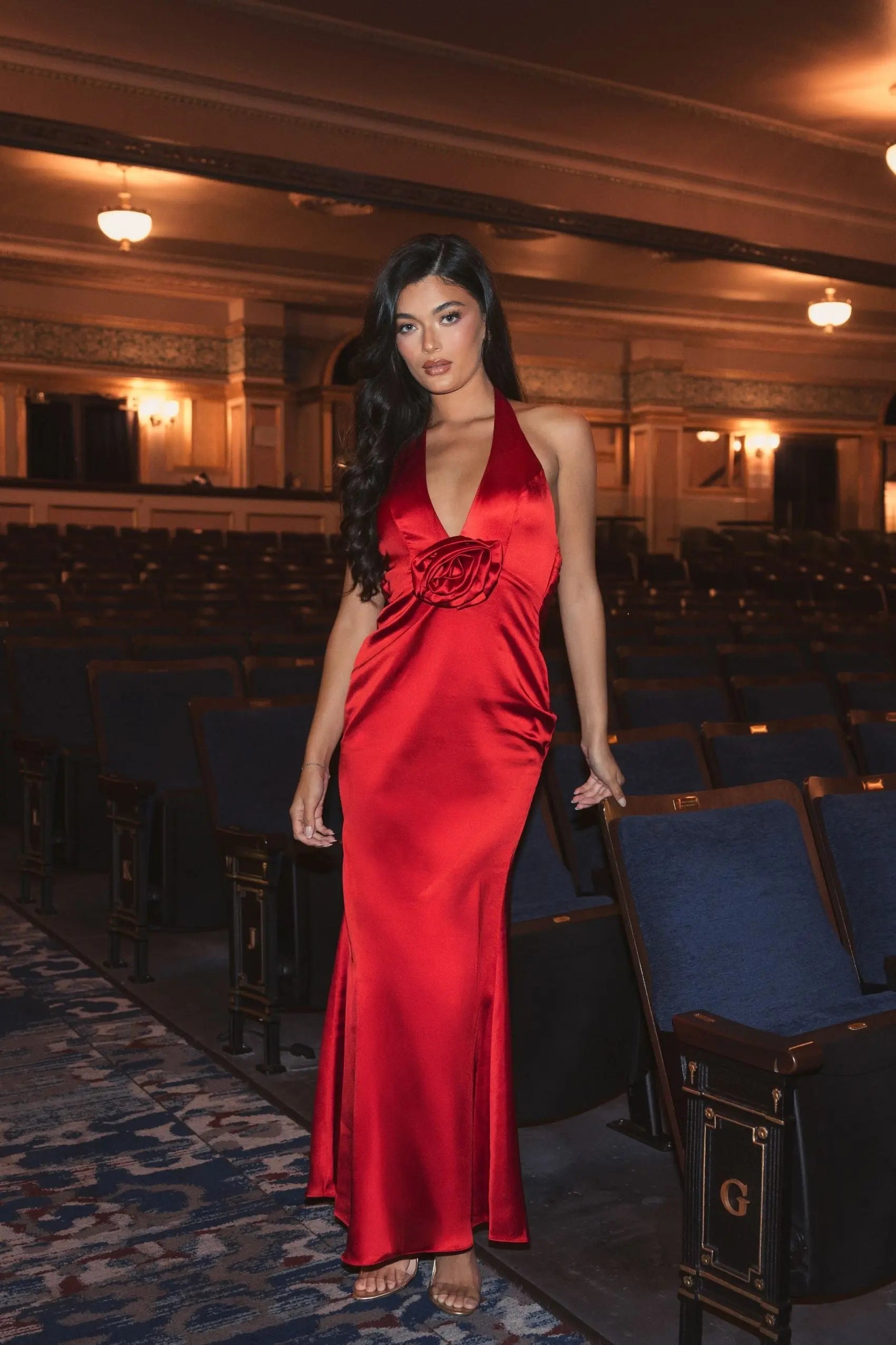 Red Fitted Satin Sleeveless Halter Gown With 3D Flower - Ieena for Mac Duggal