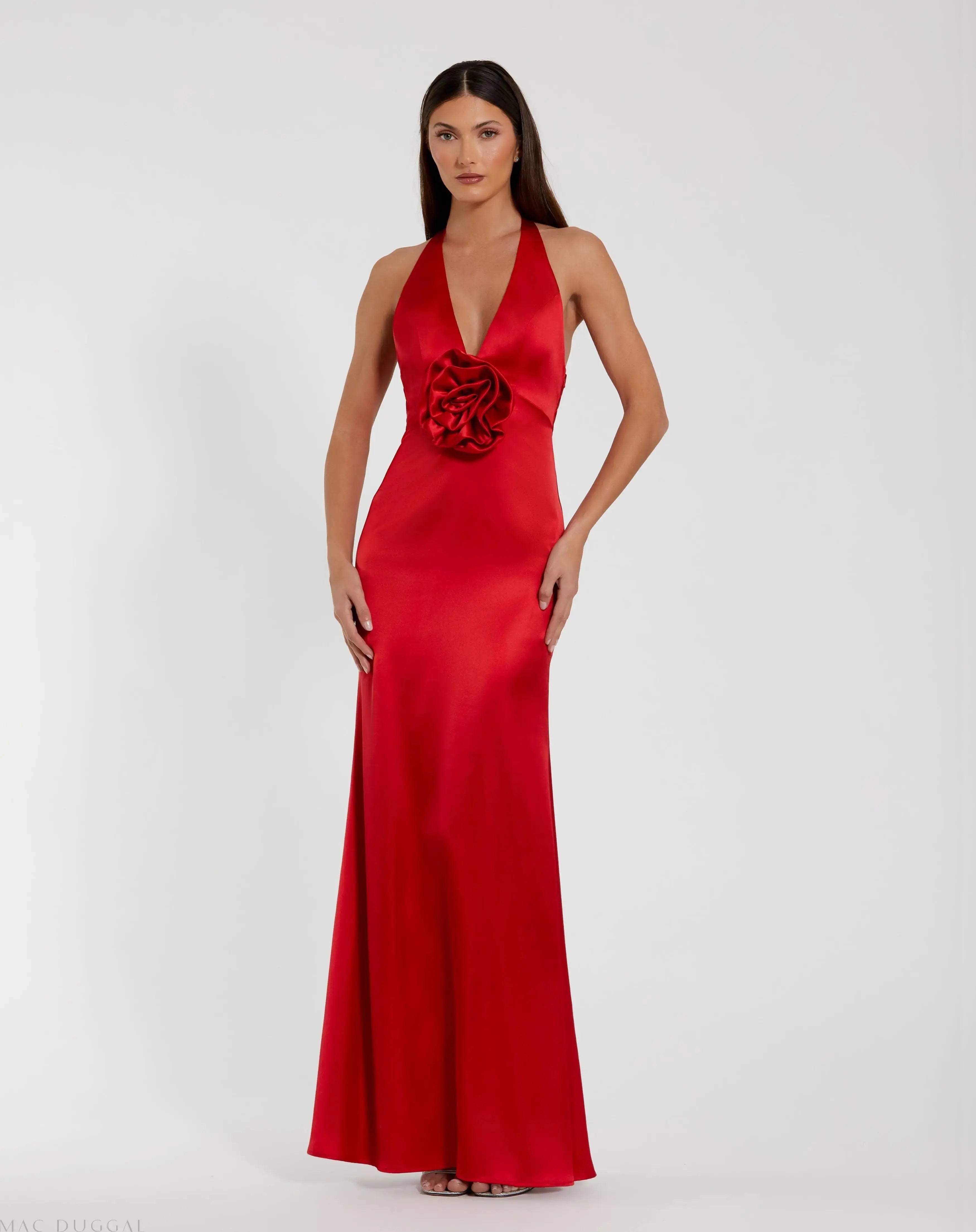 Red Fitted Satin Sleeveless Halter Gown With 3D Flower - Ieena for Mac Duggal