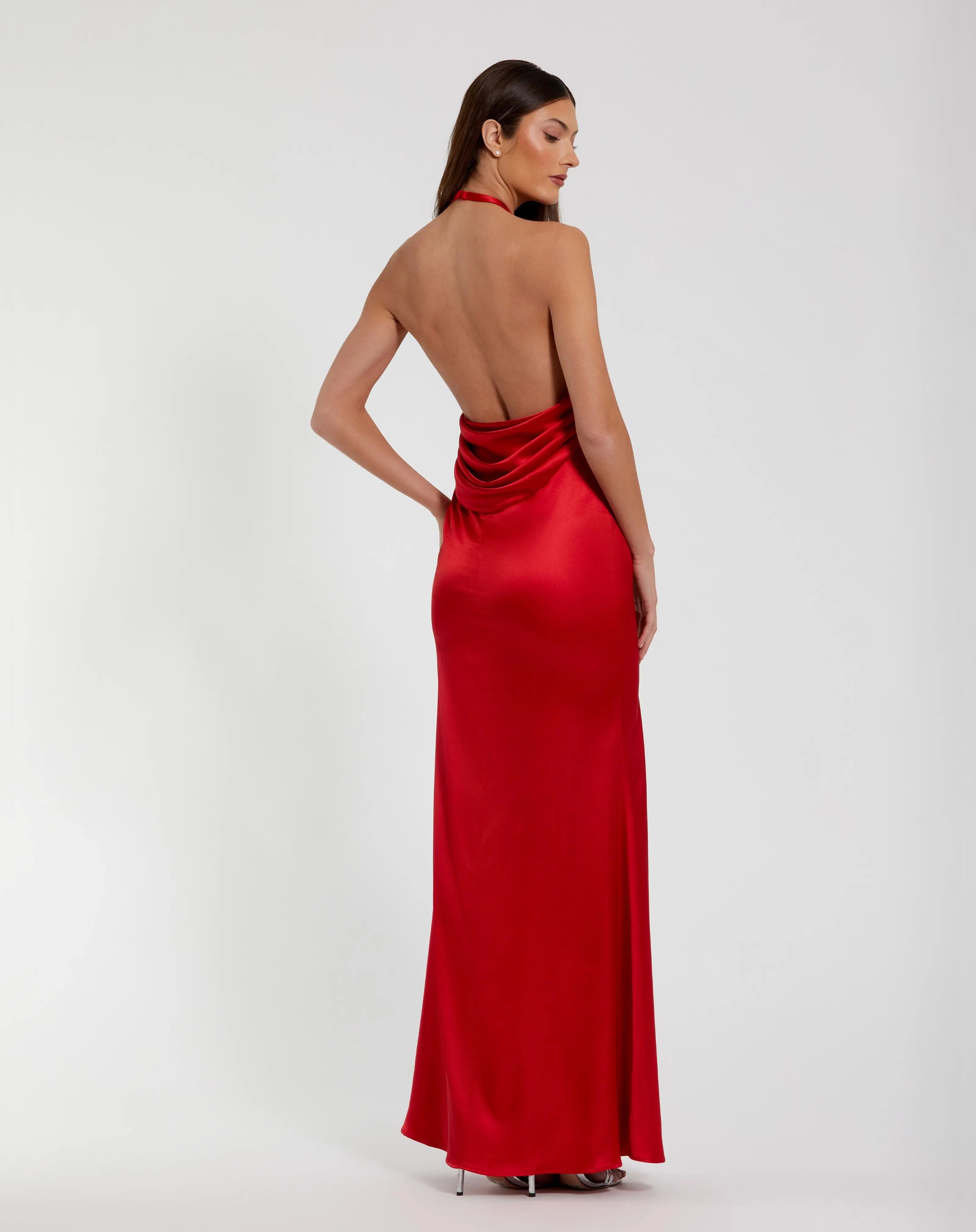 Red Fitted Satin Sleeveless Halter Gown With 3D Flower - Ieena for Mac Duggal