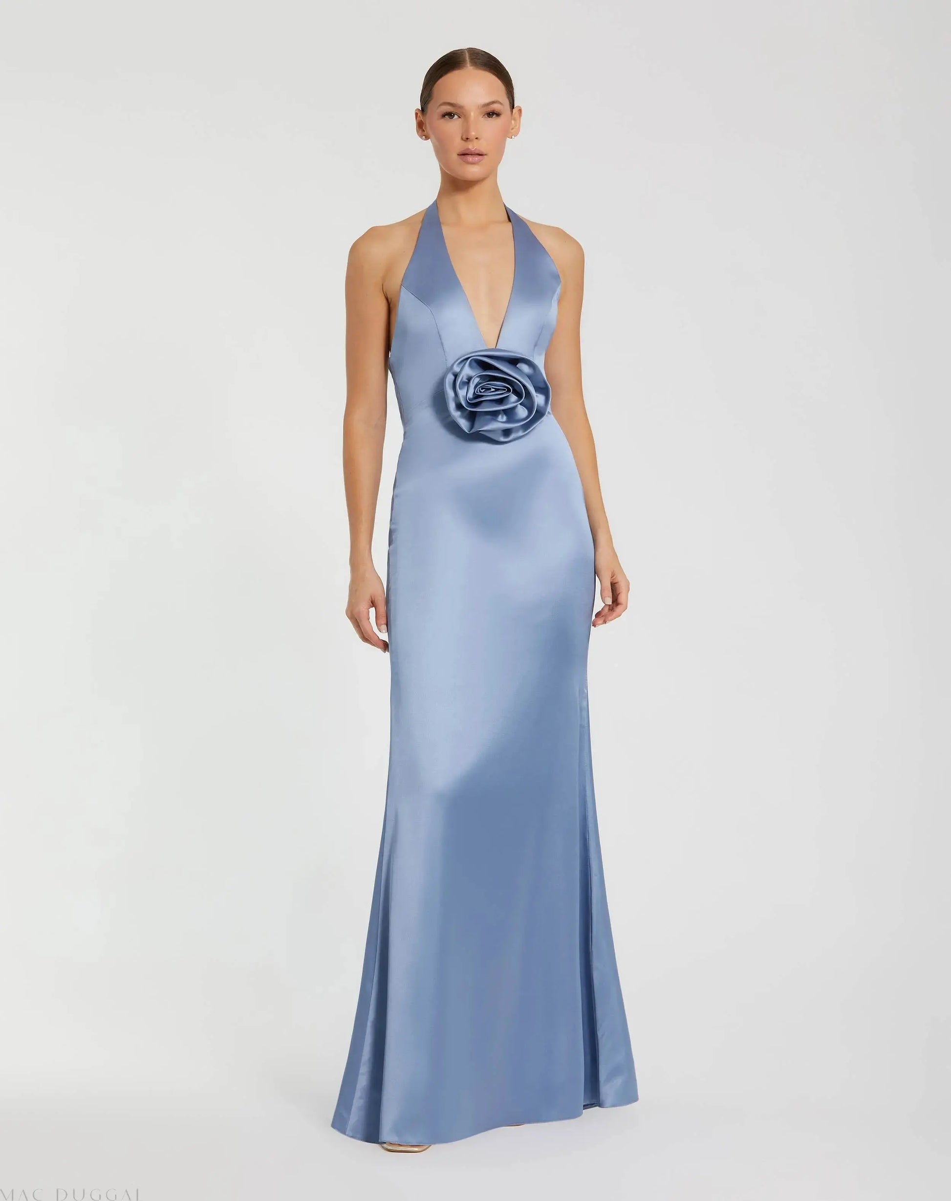 Blue Halter Neck Open Back Satin Gown With 3D Rosette | Mac Duggal Blue Halter Neck Open Back Satin Gown With 3D Rosette | Mac Duggal