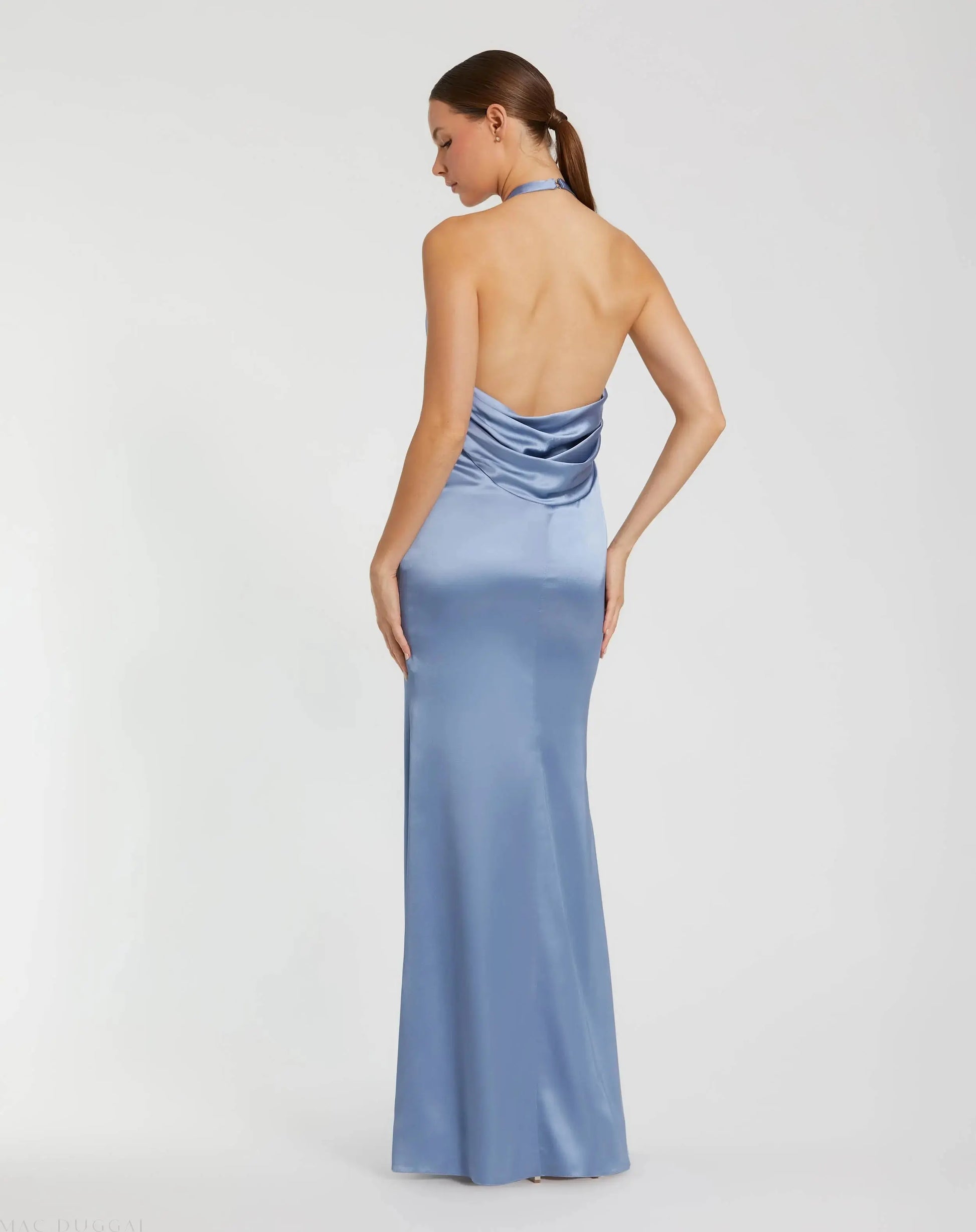 Blue Halter Neck Open Back Satin Gown With 3D Rosette | Mac Duggal Blue Halter Neck Open Back Satin Gown With 3D Rosette | Mac Duggal