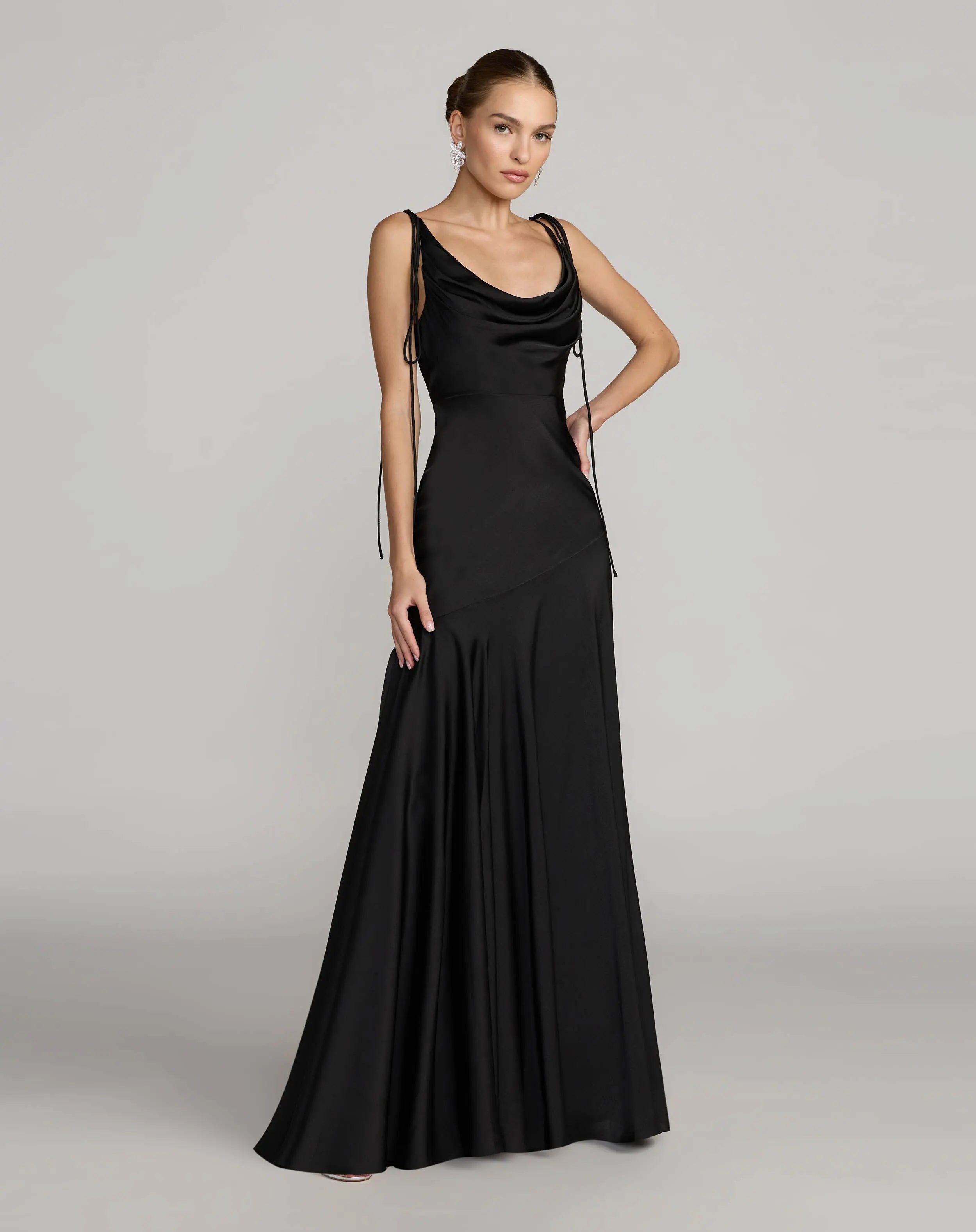 Black Charmeuse Cowl Gown With Thin Bow Straps Ieena for Mac Duggal