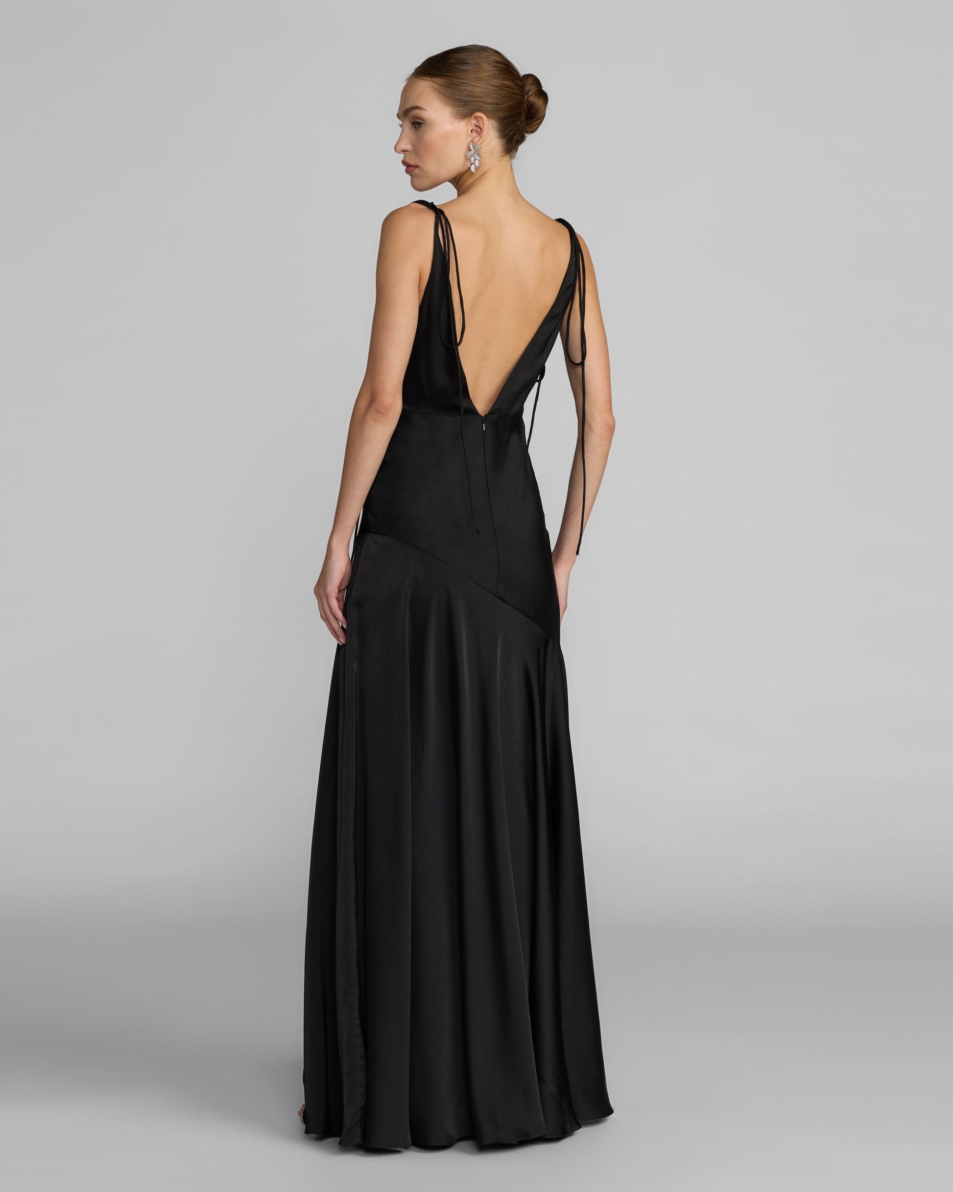 Black Charmeuse Cowl Gown With Thin Bow Straps