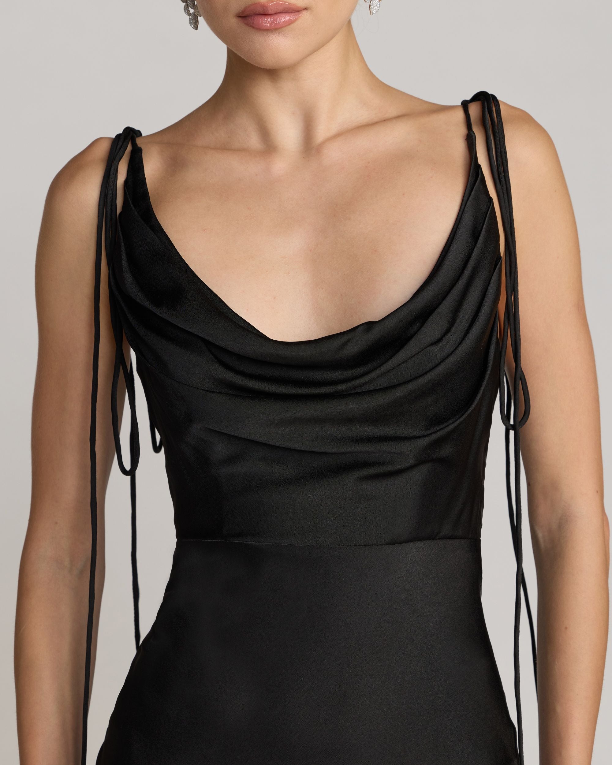 Black Charmeuse Cowl Gown With Thin Bow Straps Ieena for Mac Duggal