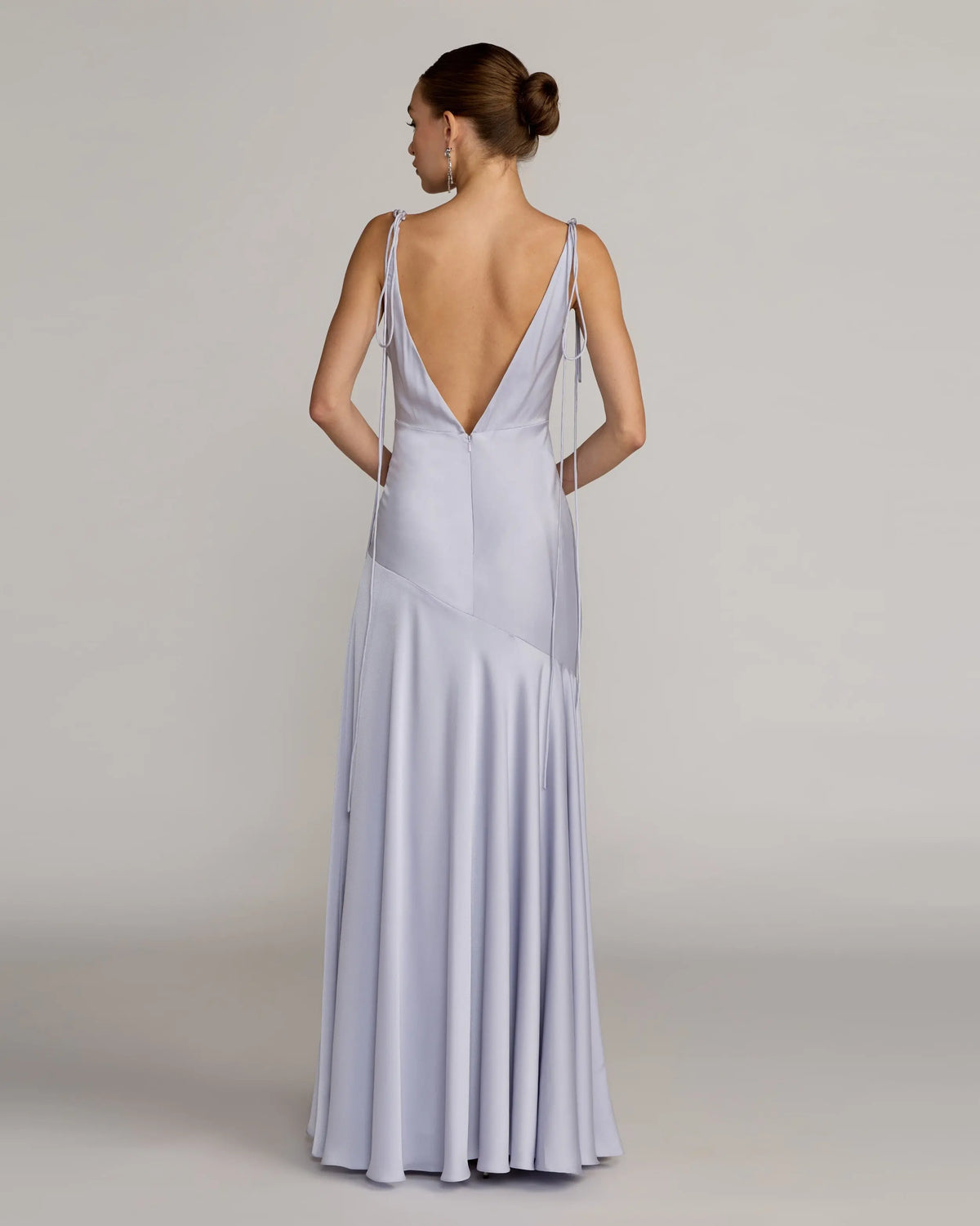 Platinum Charmeuse Cowl Gown With Thin Bow Straps - Ieena for Mac Duggal