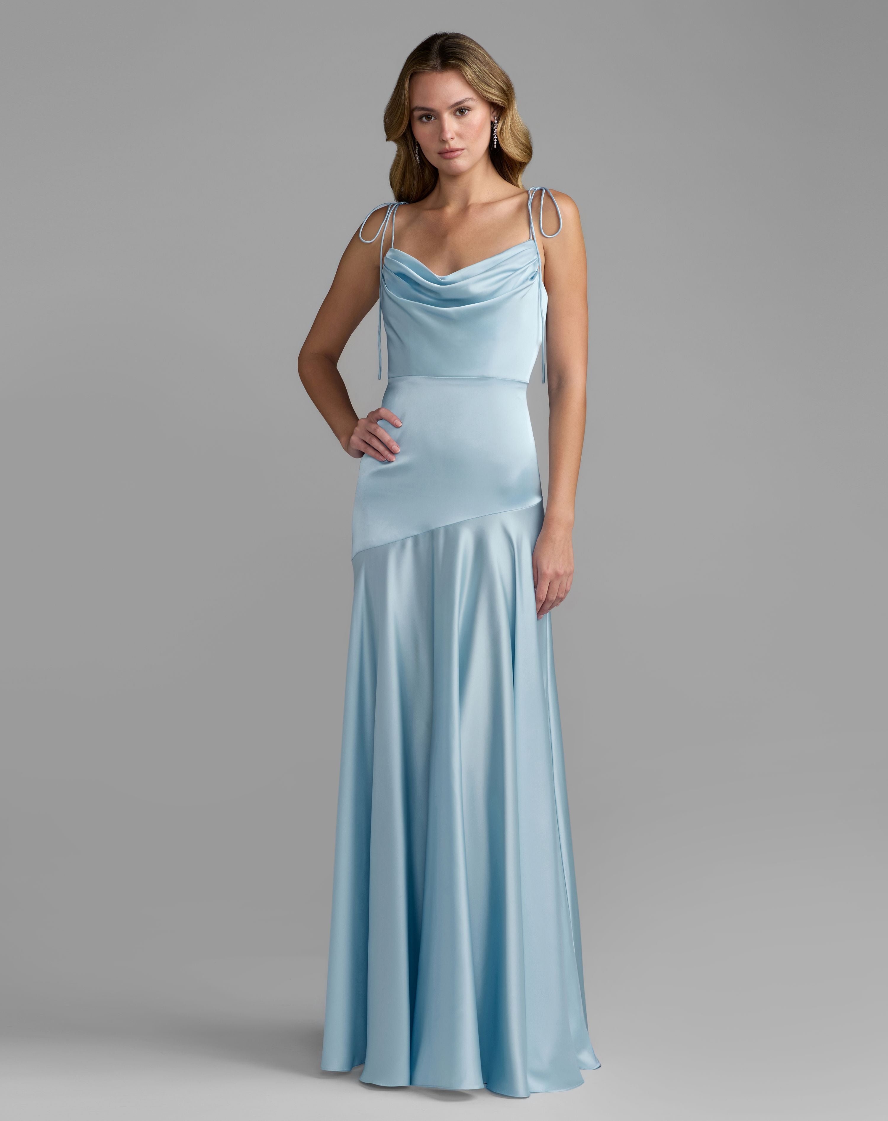 Powder Blue Charmeuse Cowl Gown With Thin Bow Straps