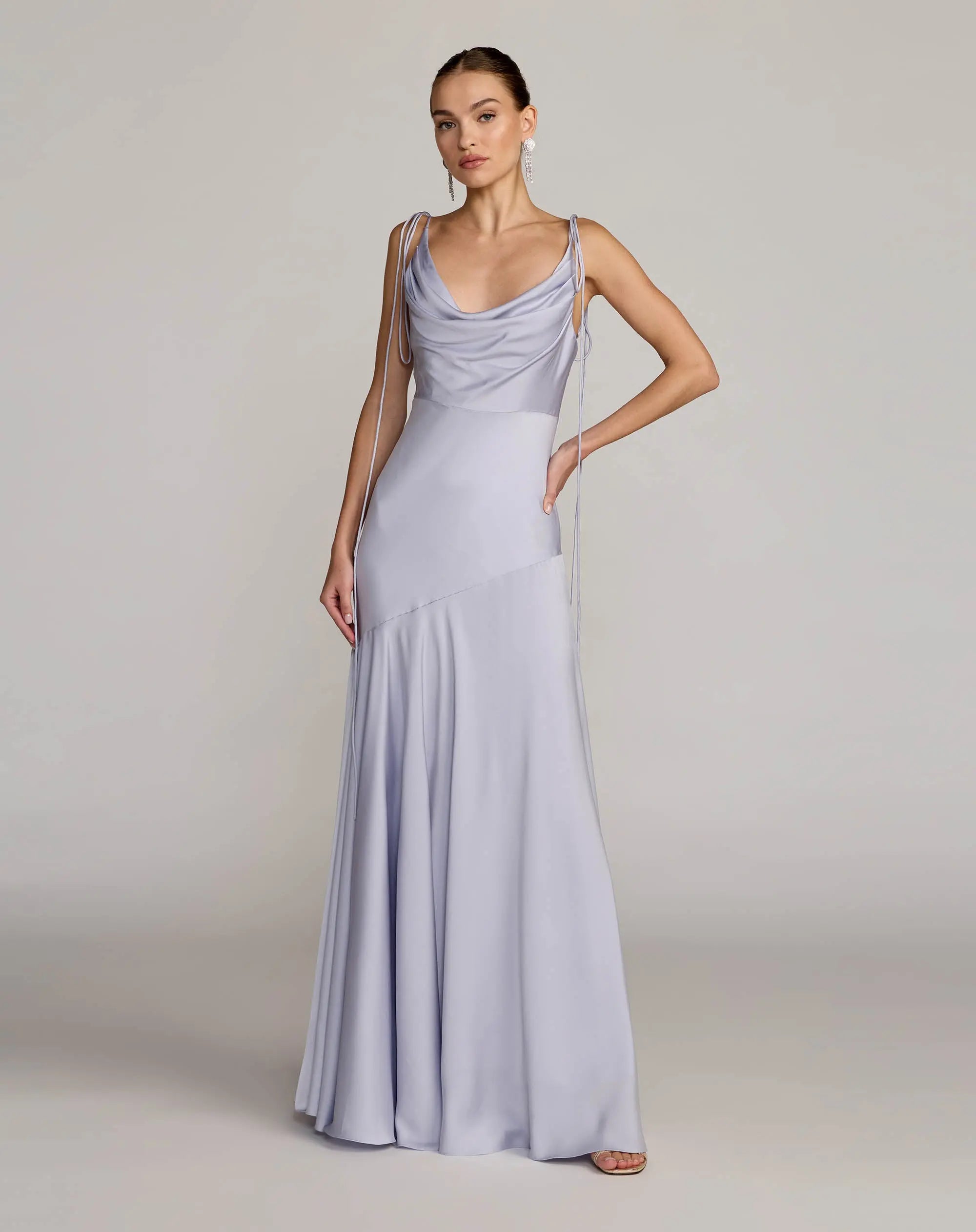 Purple Charmeuse Cowl Gown With Thin Bow Straps Ieena for Mac Duggal