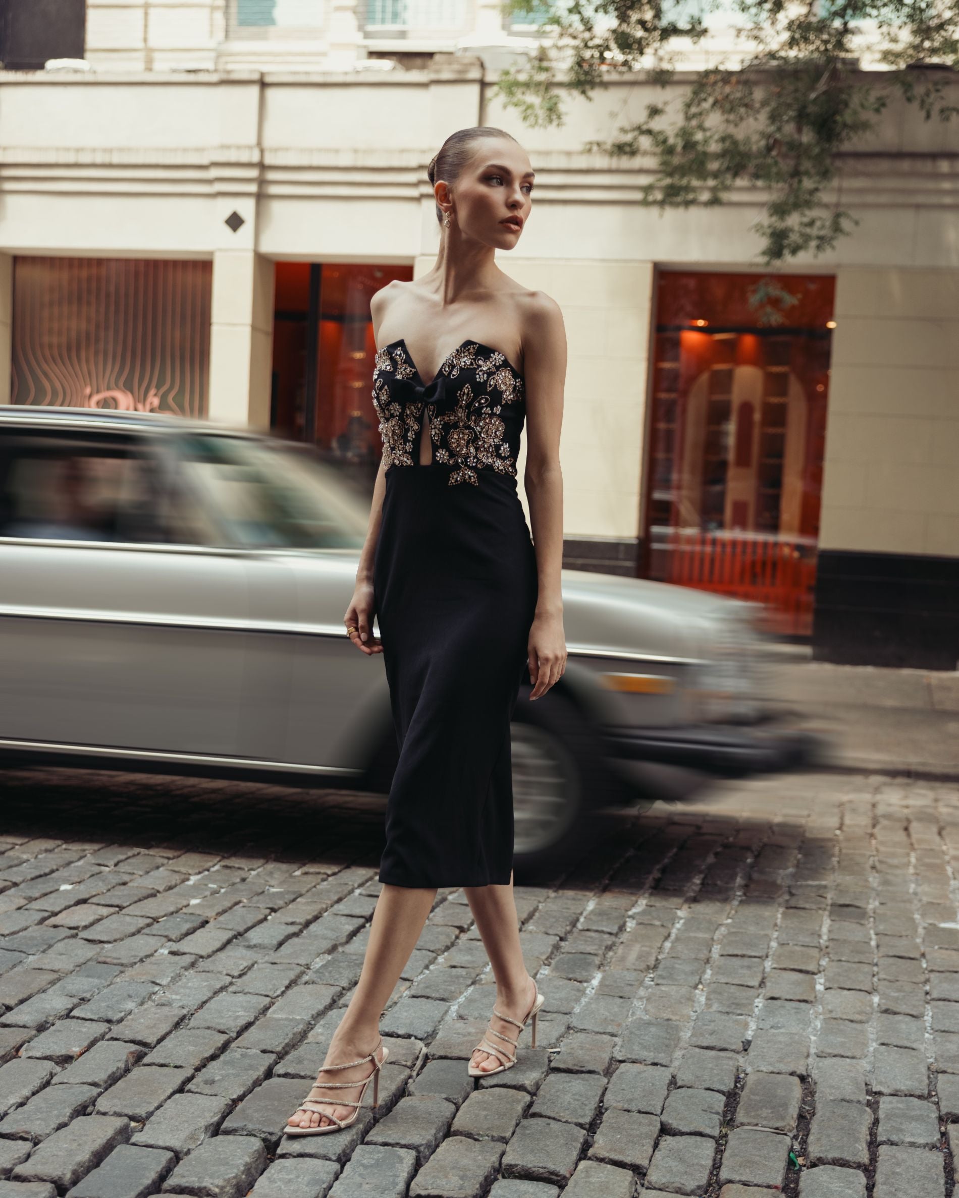 Black Rhinestone Embellished Strapless Midi Dress - Ieena for Mac Duggal