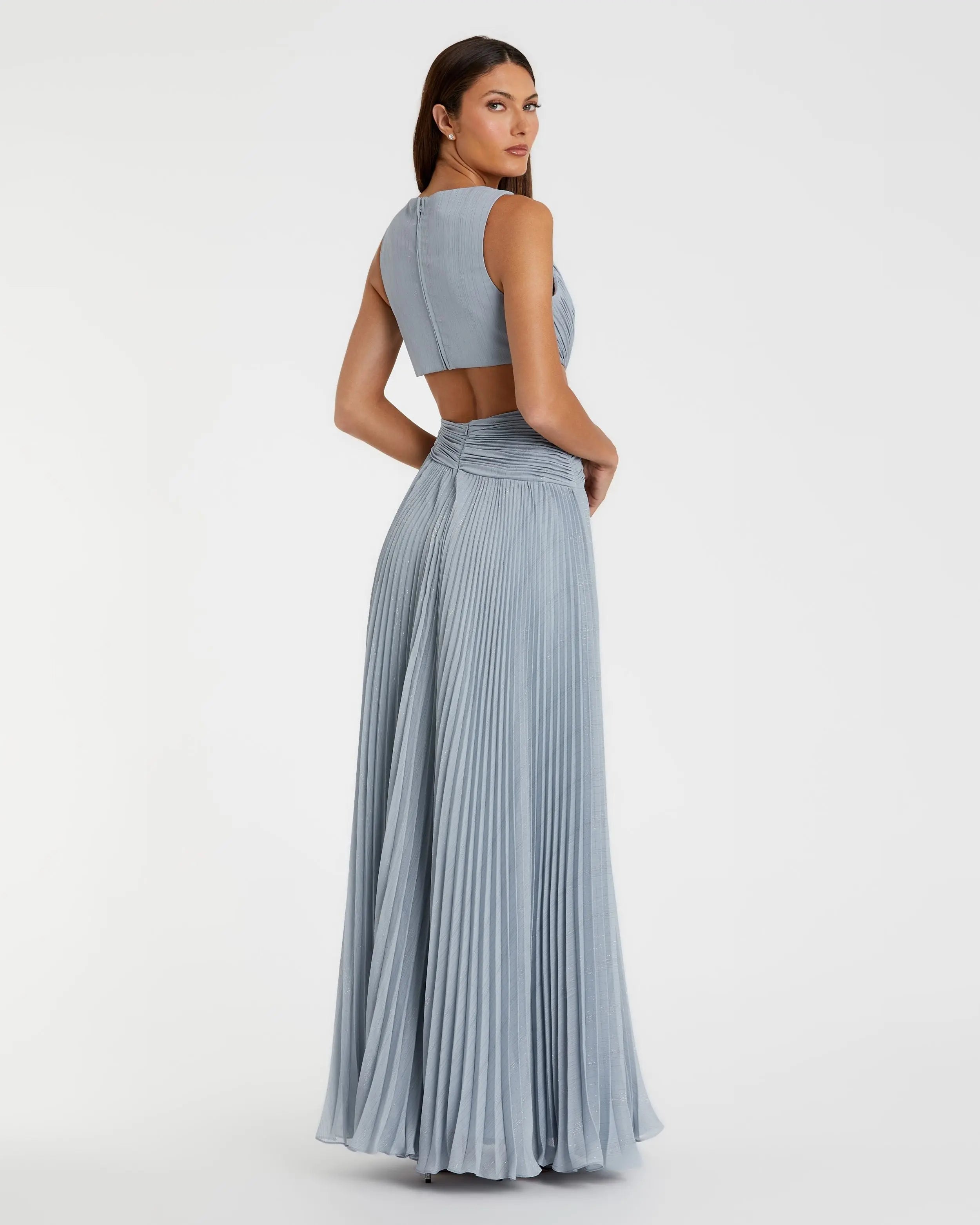 Blue Ruched Chiffon Sleeveless Gown With 3D Flower Ieena for Mac Duggal
