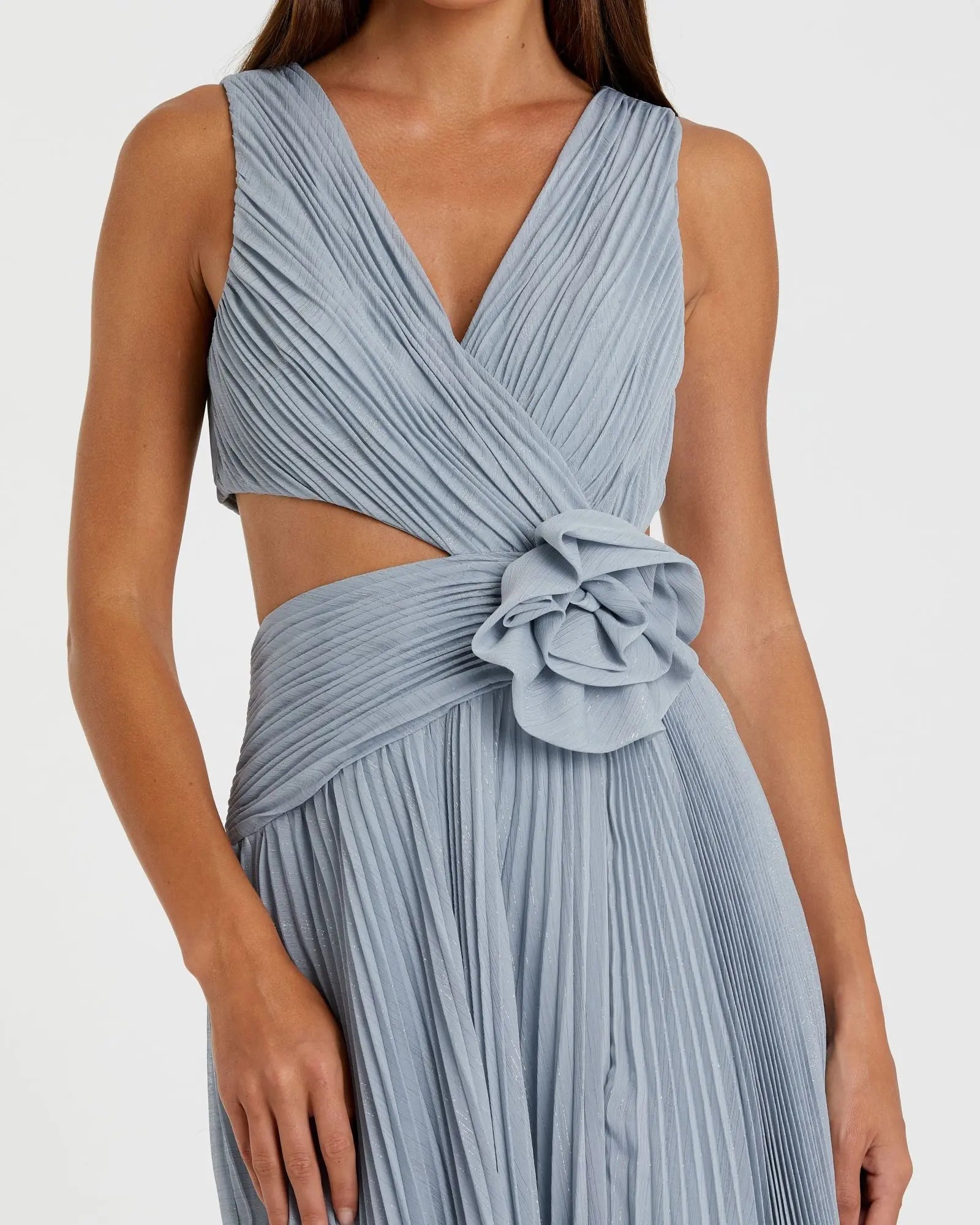 Blue Ruched Chiffon Sleeveless Gown With 3D Flower Ieena for Mac Duggal