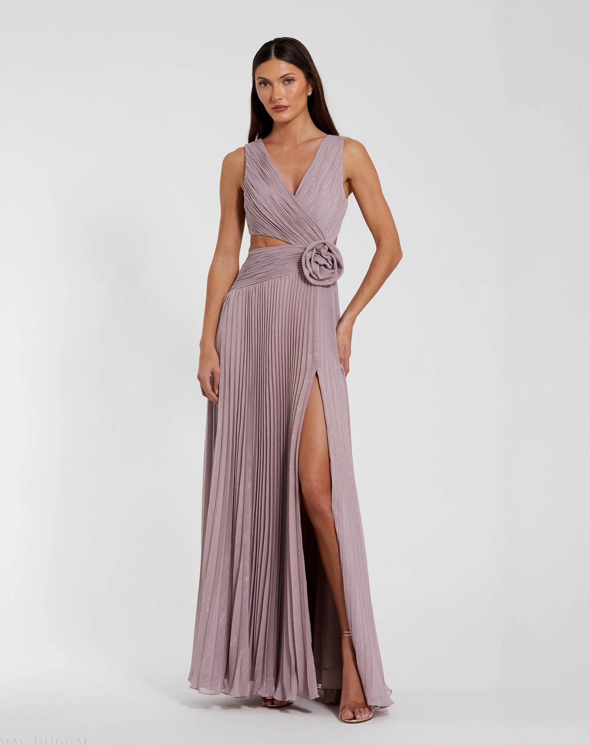 Purple Ruched Chiffon Sleeveless Gown With 3D Flower | Mac Duggal Purple Ruched Chiffon Sleeveless Gown With 3D Flower | Mac Duggal