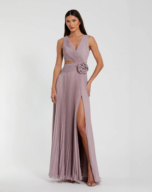 Purple Ruched Chiffon Sleeveless Gown With 3D Flower - Ieena for Mac Duggal