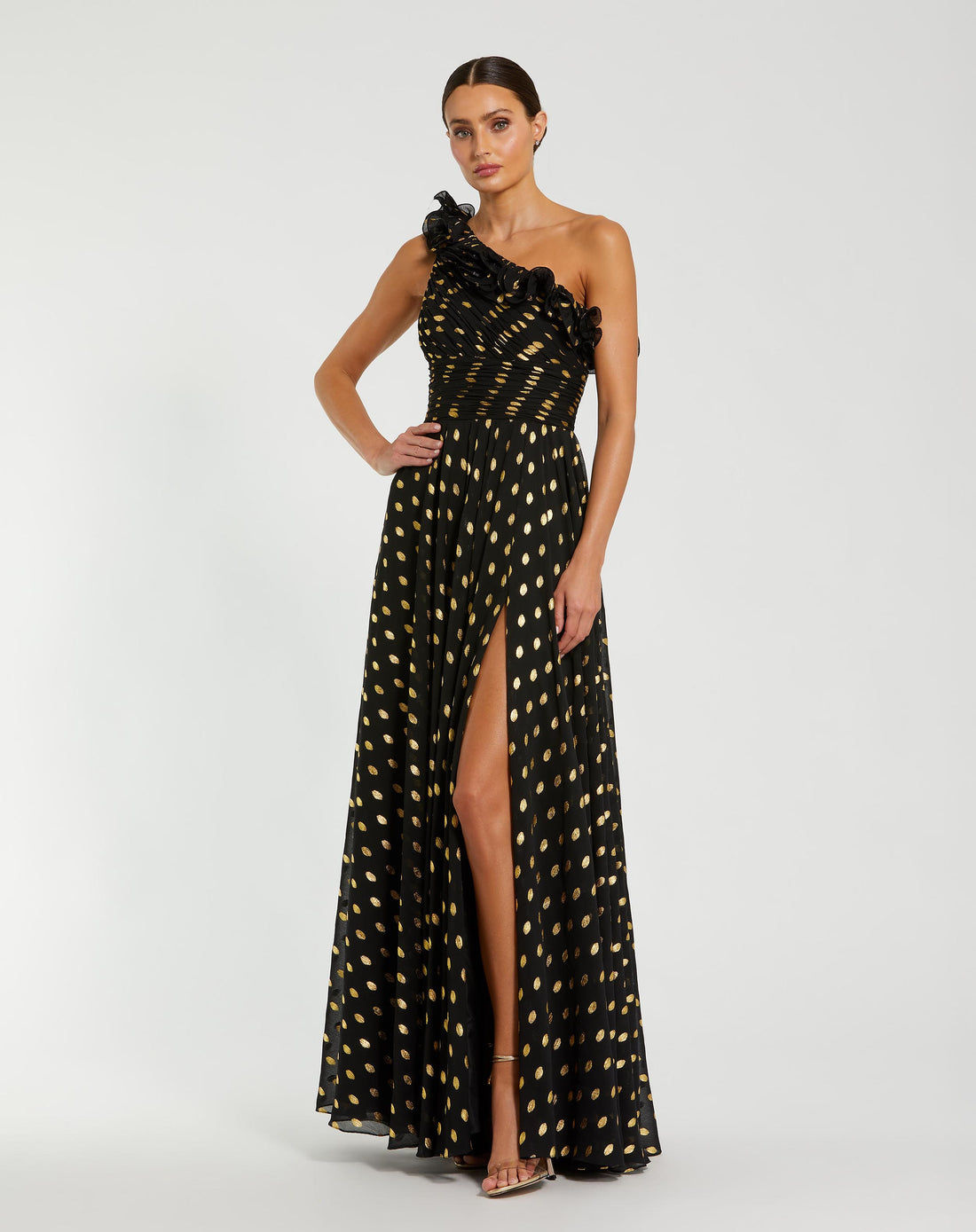 One Shoulder Ruffle Chiffon Gown With Slit