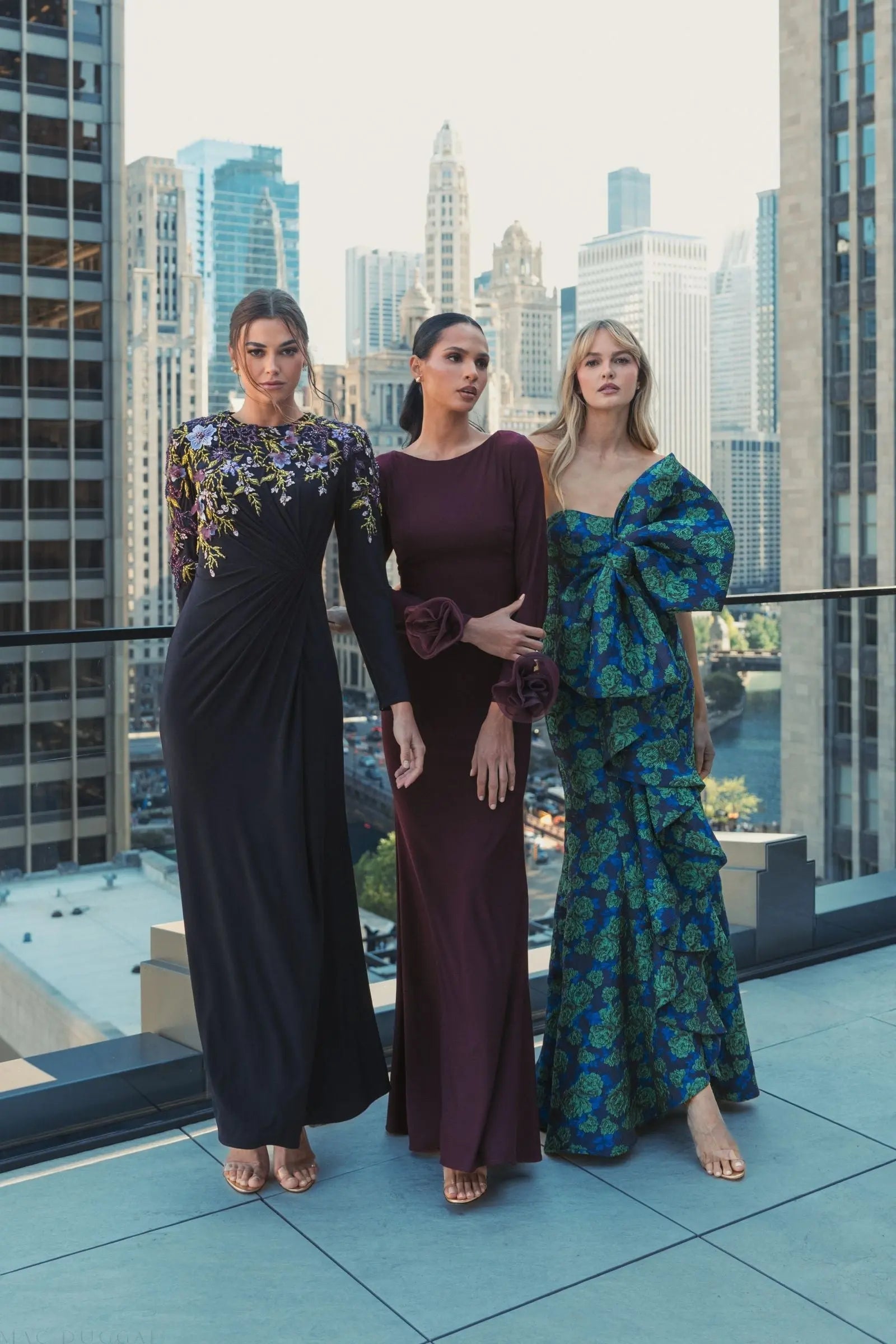 Purple Long Sleeve Fitted Jersey Gown With 3D Flowers - Ieena for Mac Duggal