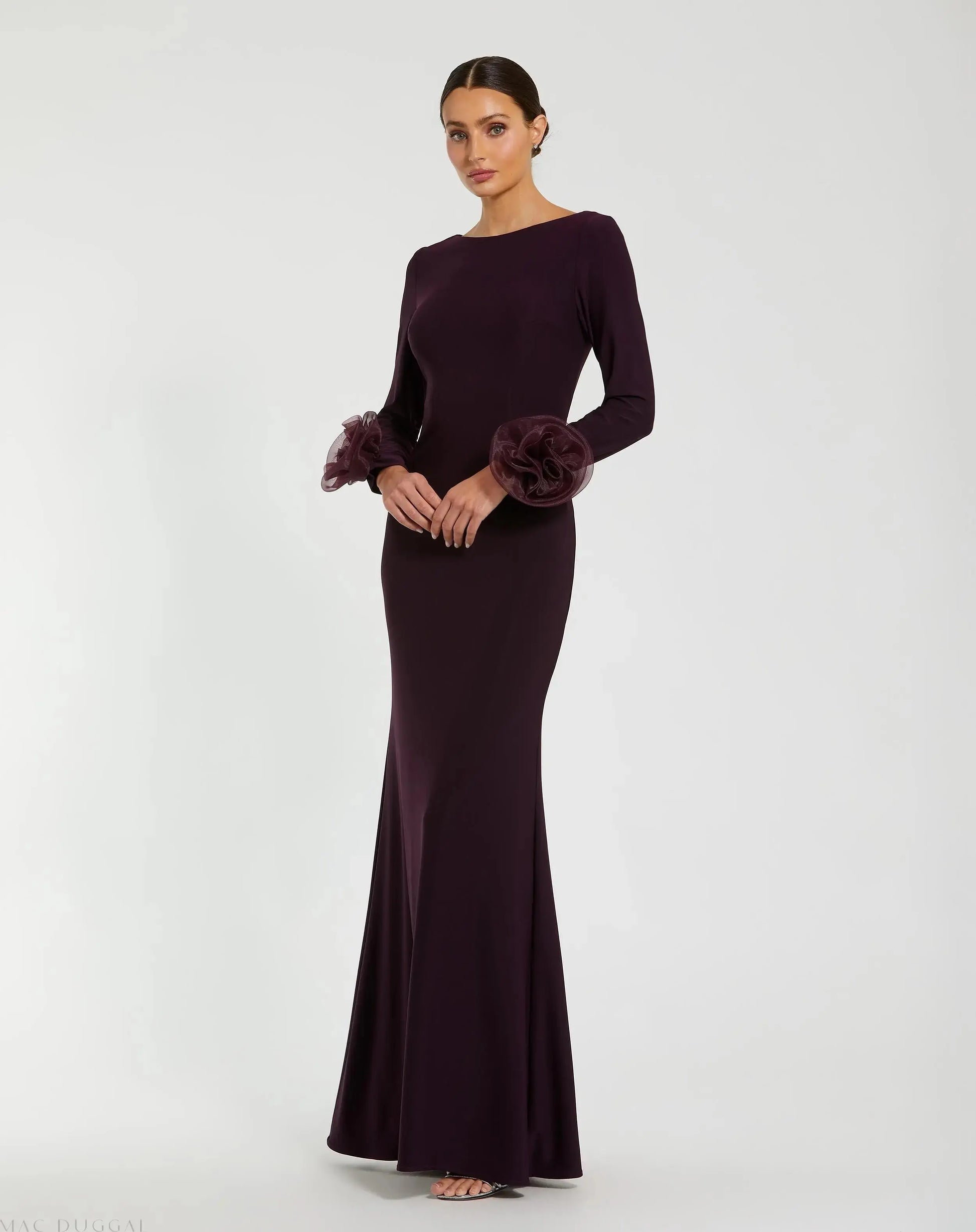 Purple Long Sleeve Fitted Jersey Gown With 3D Flowers | Mac Duggal Purple Long Sleeve Fitted Jersey Gown With 3D Flowers | Mac Duggal