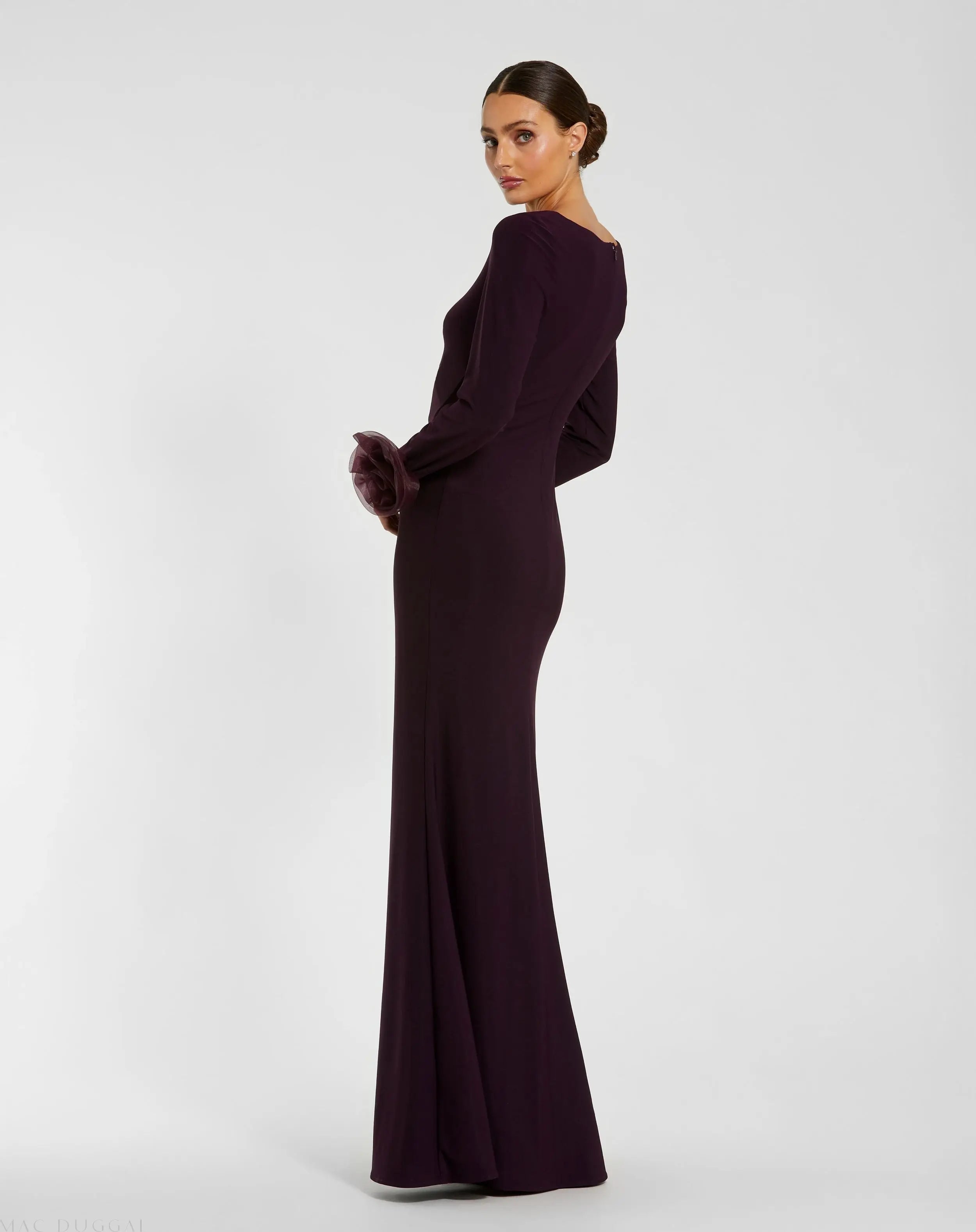 Purple Long Sleeve Fitted Jersey Gown With 3D Flowers - Ieena for Mac Duggal