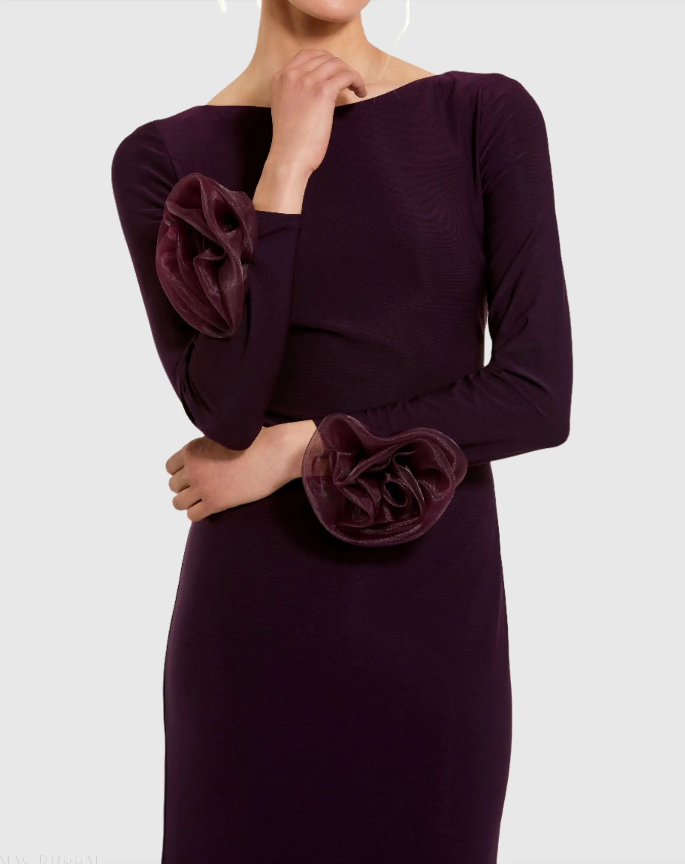 Purple Long Sleeve Fitted Jersey Gown With 3D Flowers - Ieena for Mac Duggal