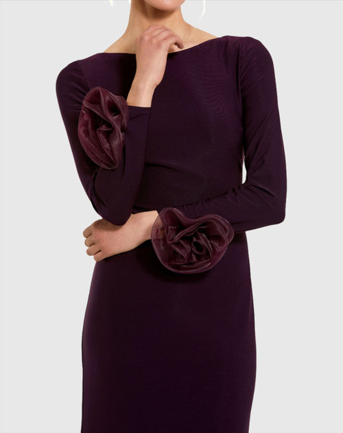 Long Sleeve Fitted Jersey Gown With 3D Flowers