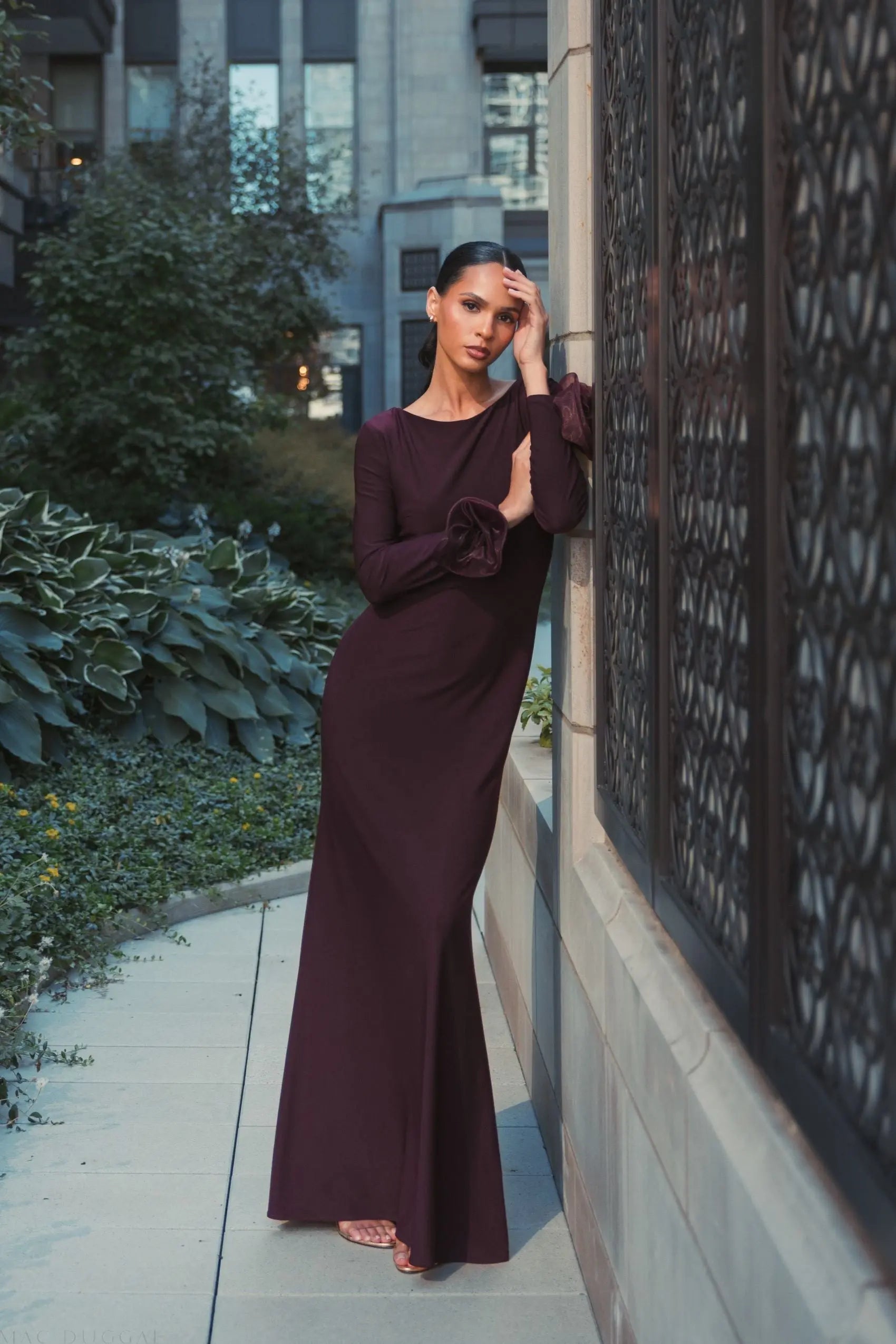 Purple Long Sleeve Fitted Jersey Gown With 3D Flowers | Mac Duggal M Purple Long Sleeve Fitted Jersey Gown With 3D Flowers | Mac Duggal M