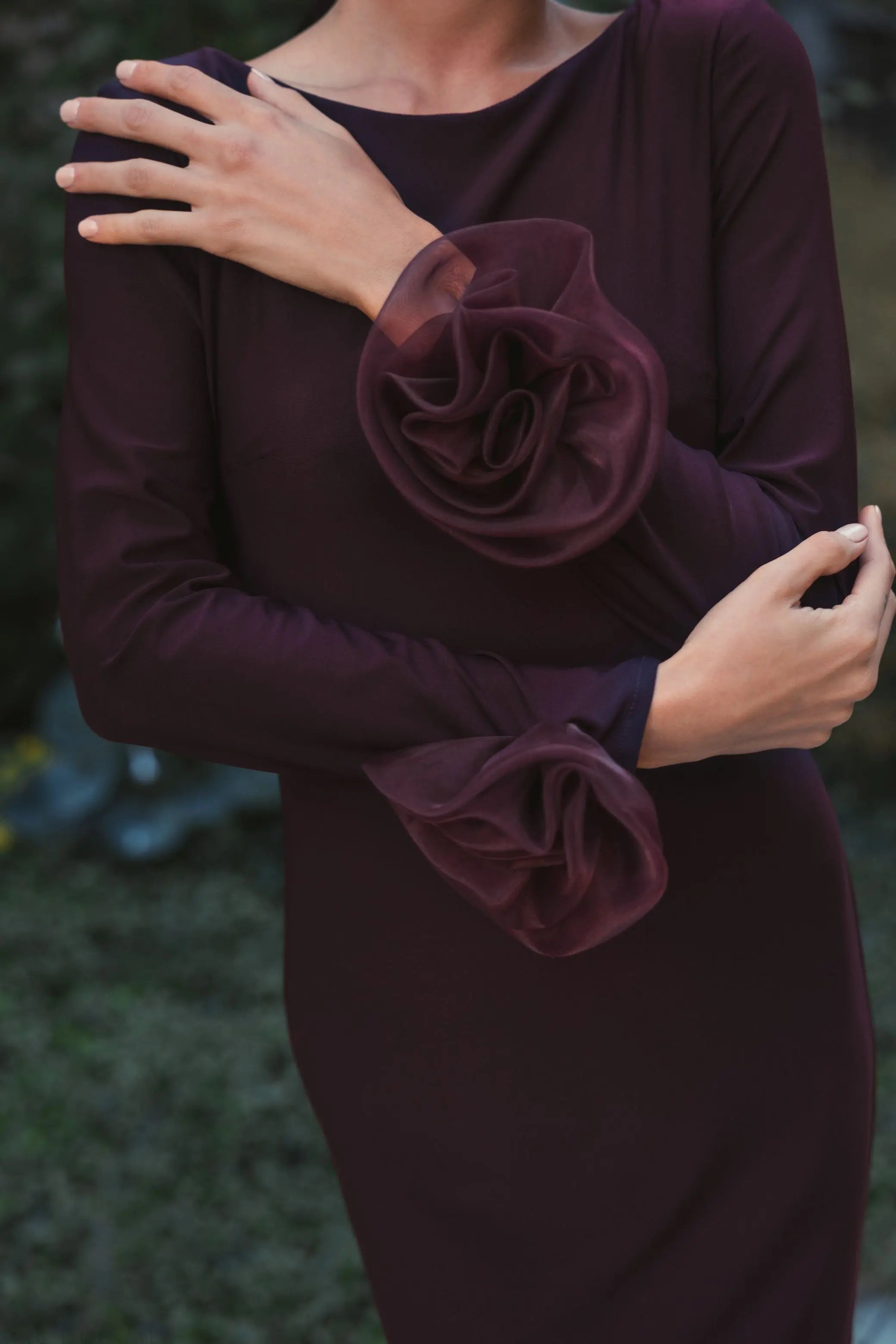Purple Long Sleeve Fitted Jersey Gown With 3D Flowers - Ieena for Mac Duggal