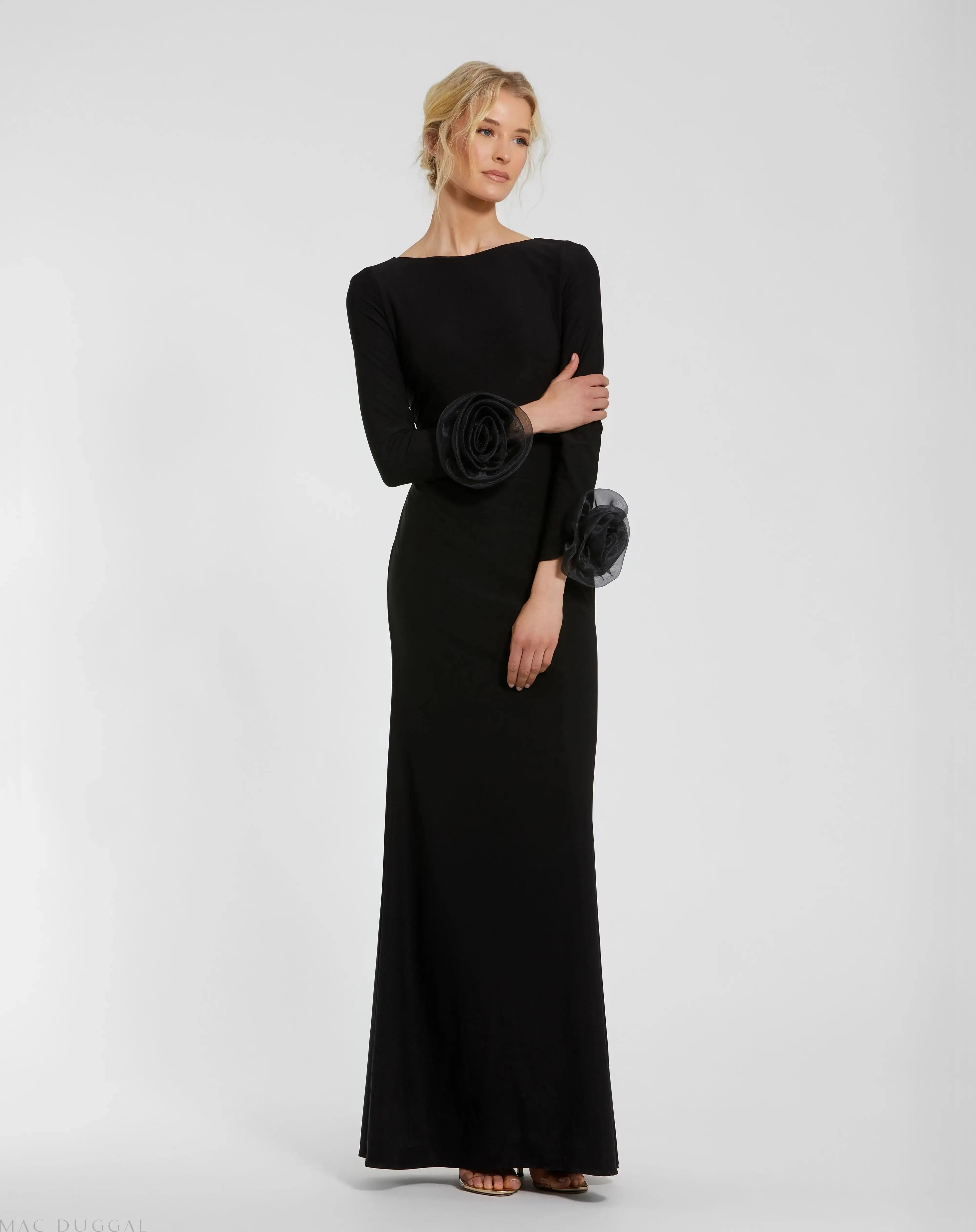 Black Long Sleeve Fitted Jersey Gown With 3D Flowers - Ieena for Mac Duggal