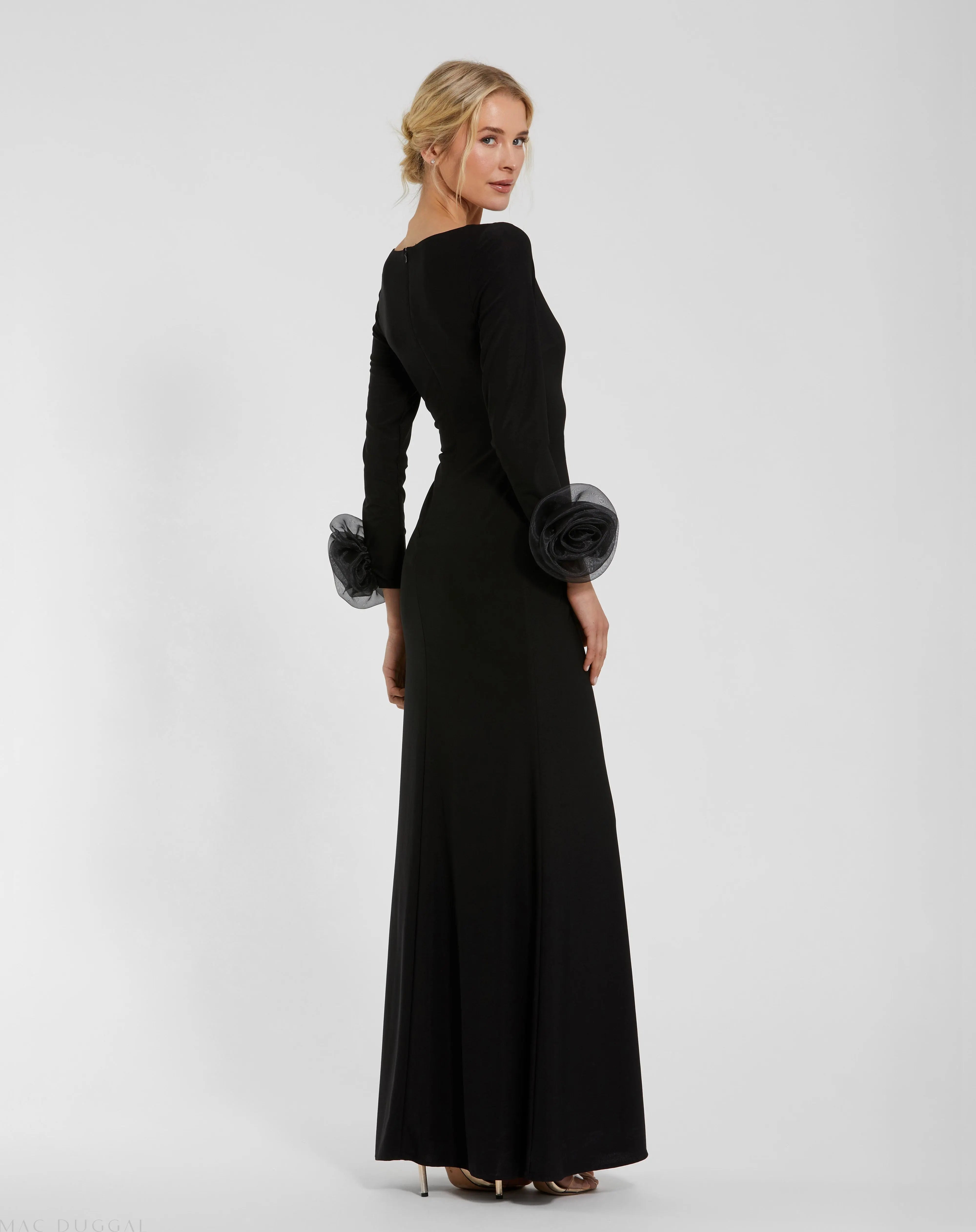 Black Long Sleeve Fitted Jersey Gown With 3D Flowers - Ieena for Mac Duggal