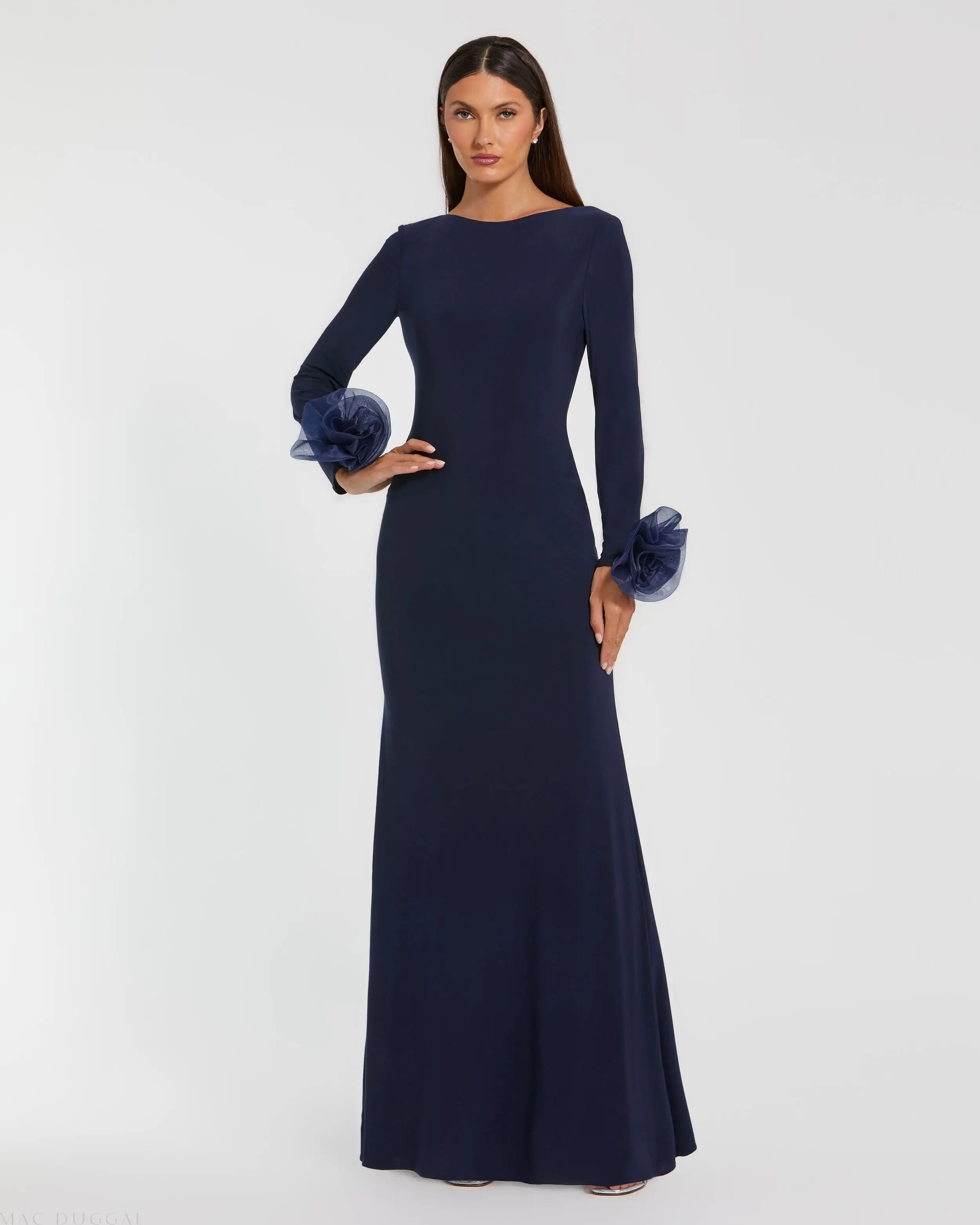 Navy Long Sleeve Fitted Jersey Gown With 3D Flowers Ieena for Mac Duggal
