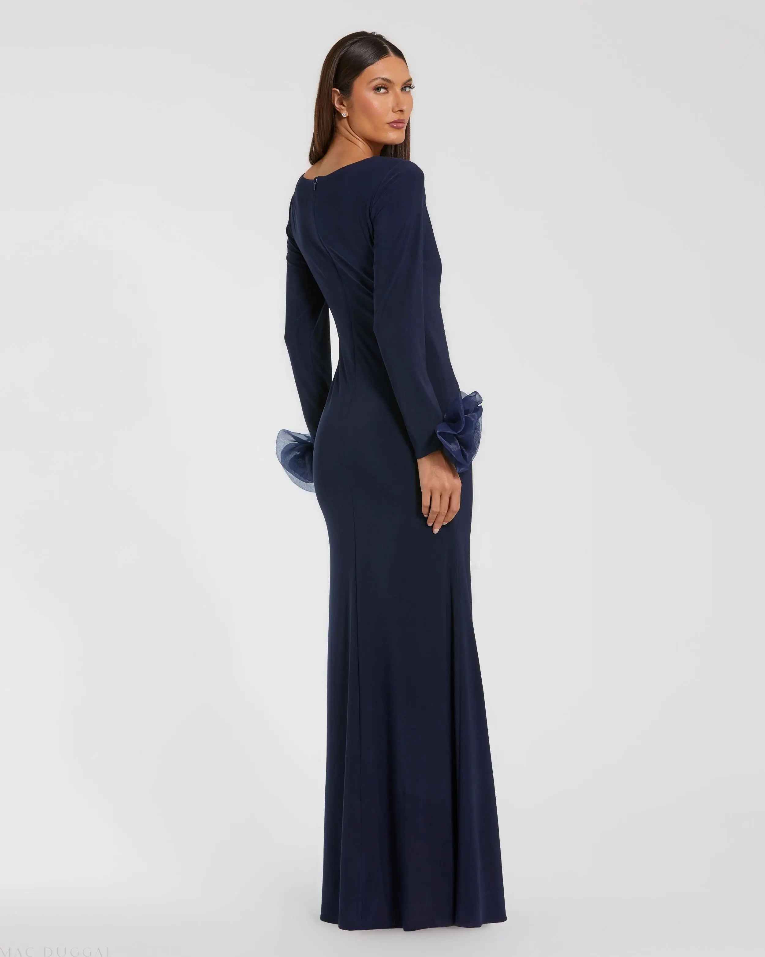 Navy Long Sleeve Fitted Jersey Gown With 3D Flowers Ieena for Mac Duggal
