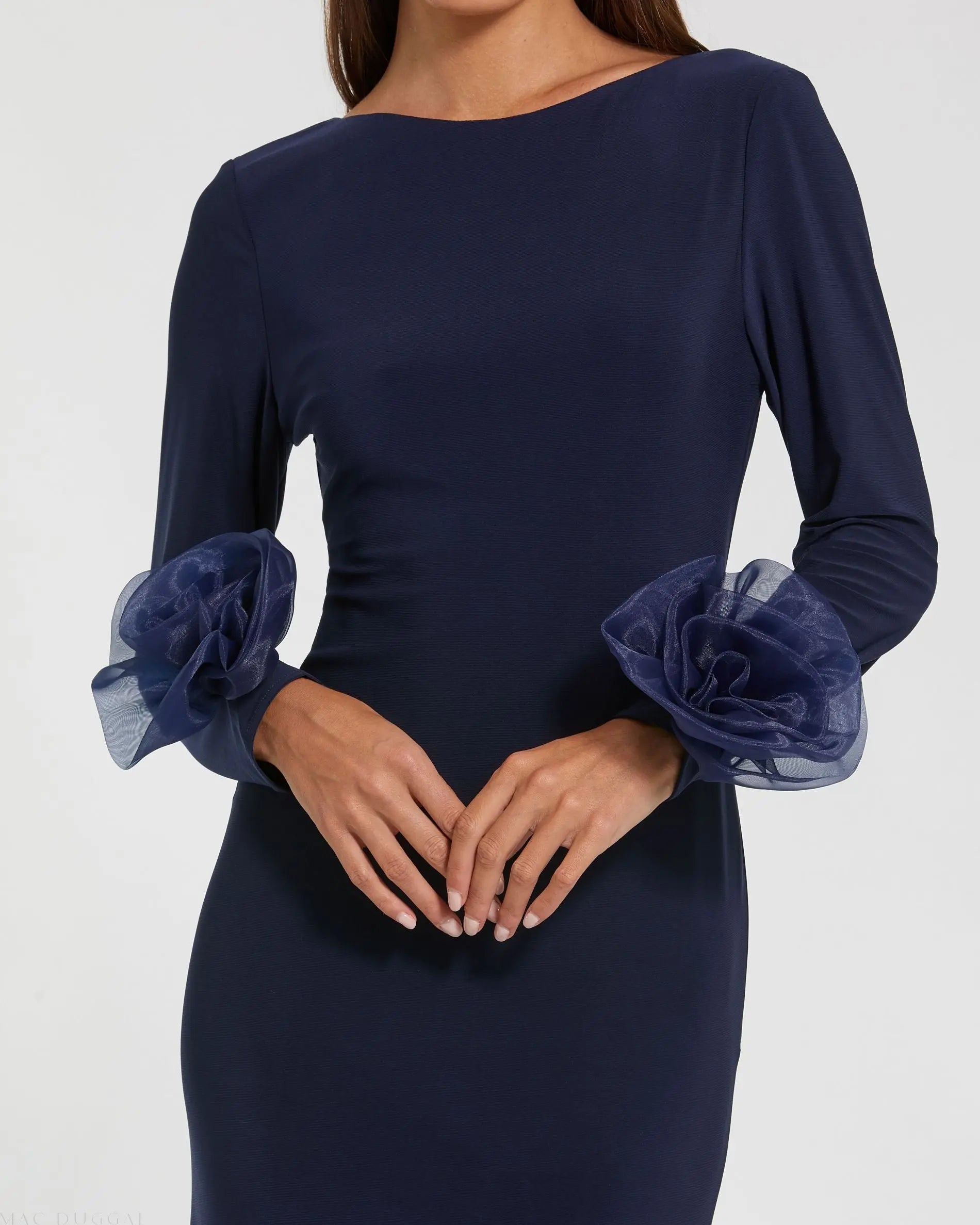 Navy Long Sleeve Fitted Jersey Gown With 3D Flowers Ieena for Mac Duggal