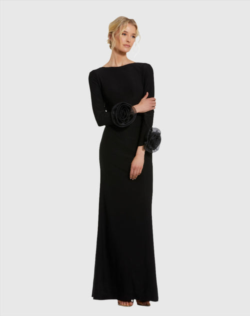 Long Sleeve Fitted Jersey Gown With 3D Flowers