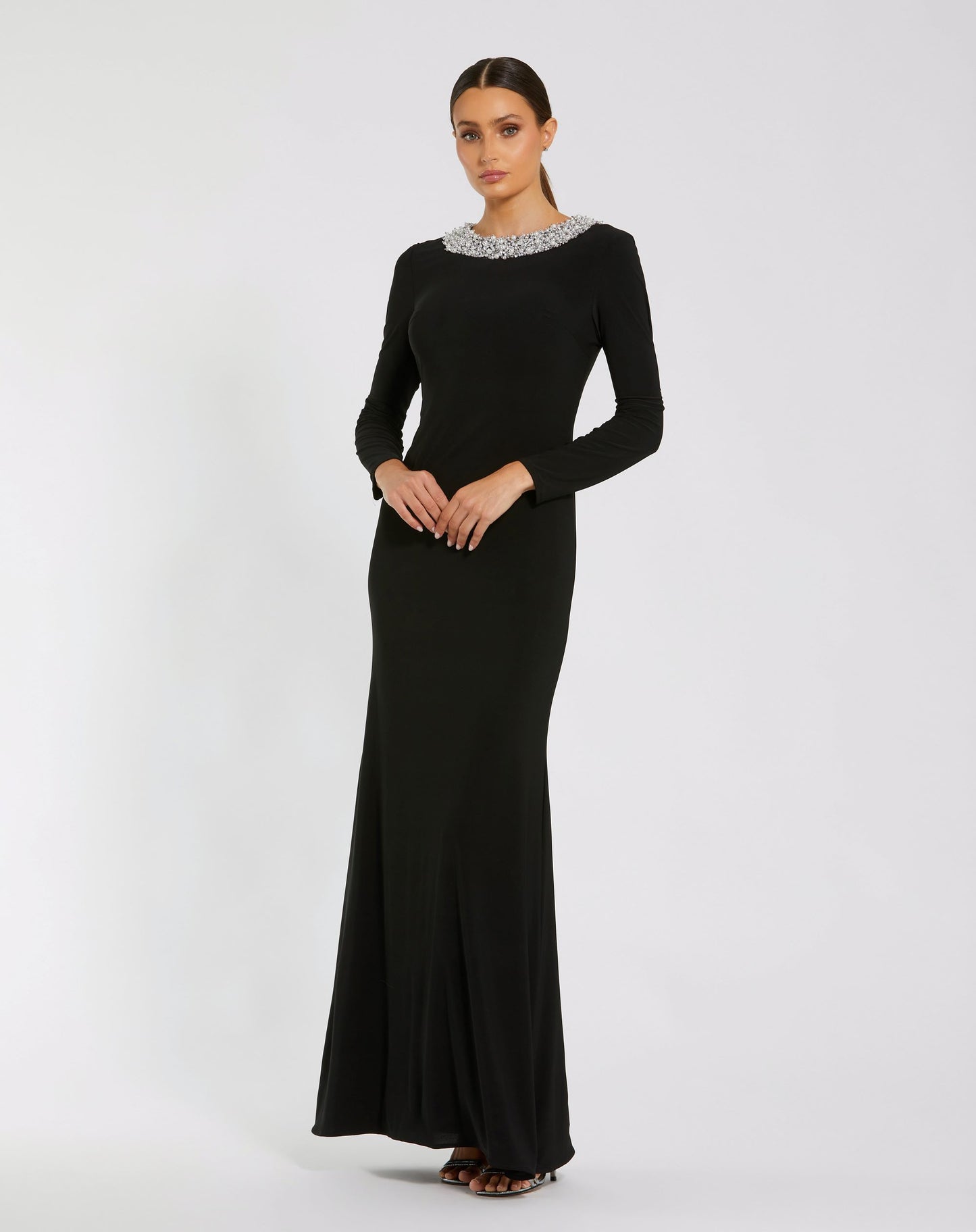 Jersey Long Sleeve Fitted Gown With Beaded Neck