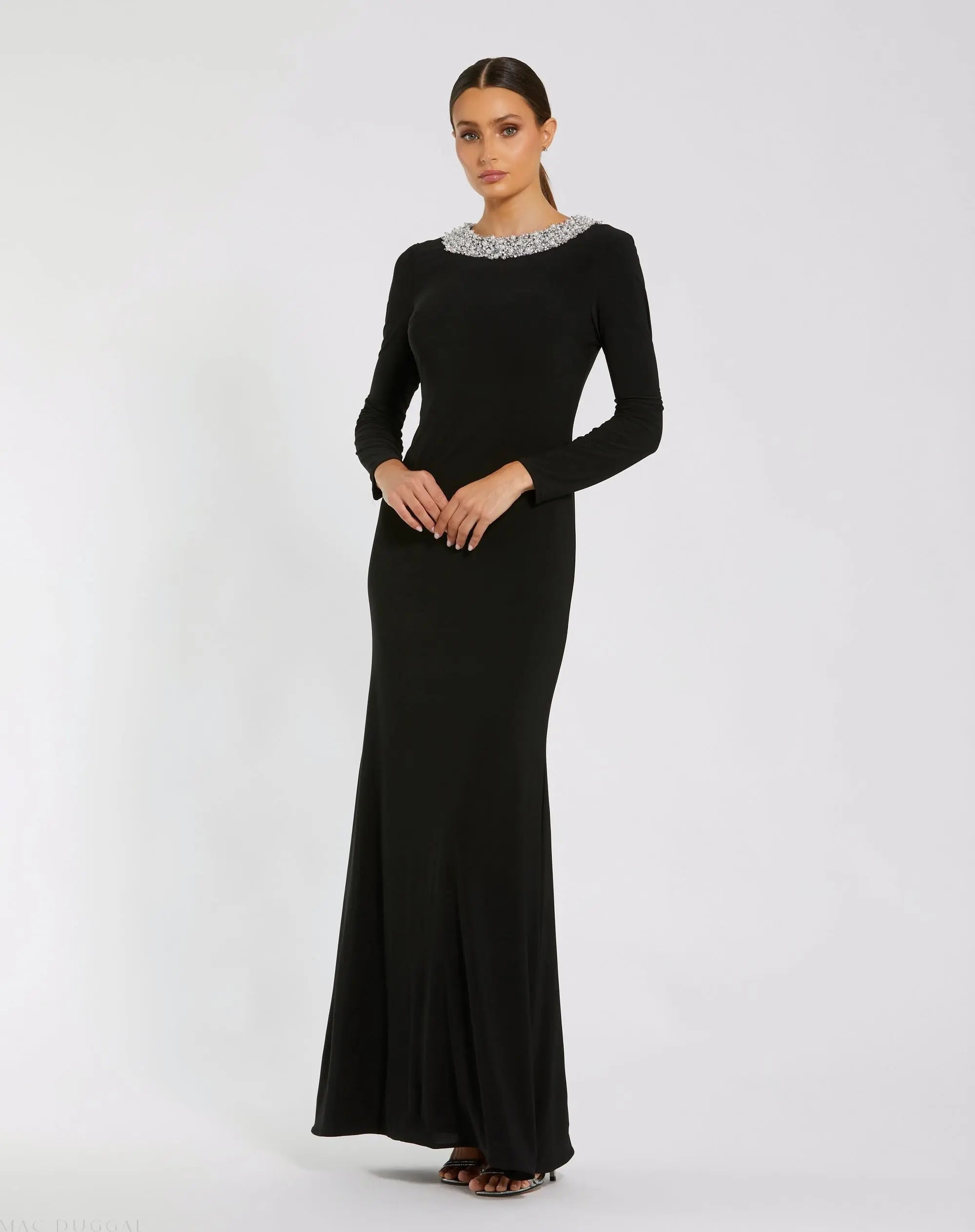Black Jersey Long Sleeve Fitted Gown With Beaded Neck - Mac Duggal