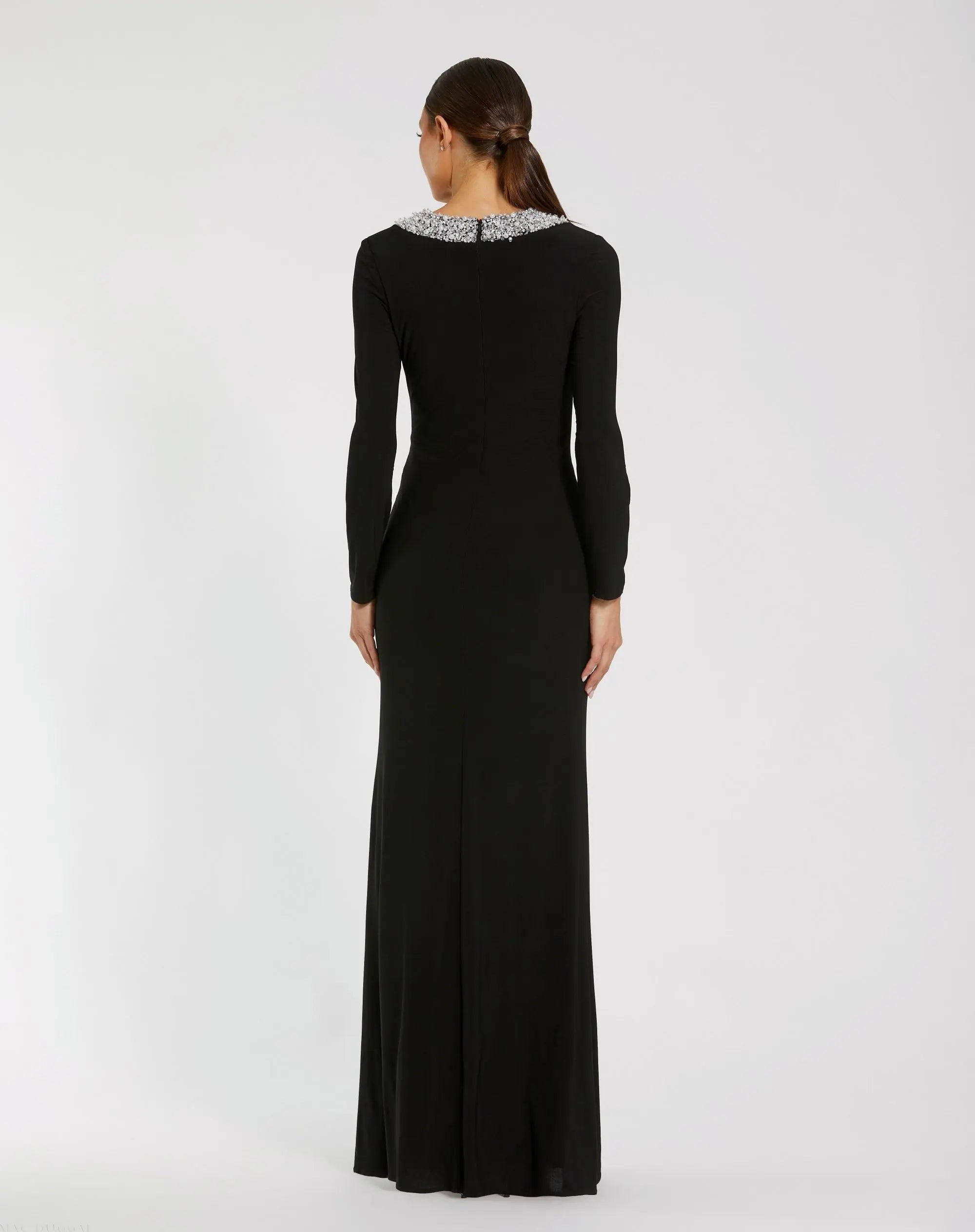 Black Jersey Long Sleeve Fitted Gown With Beaded Neck - Mac Duggal